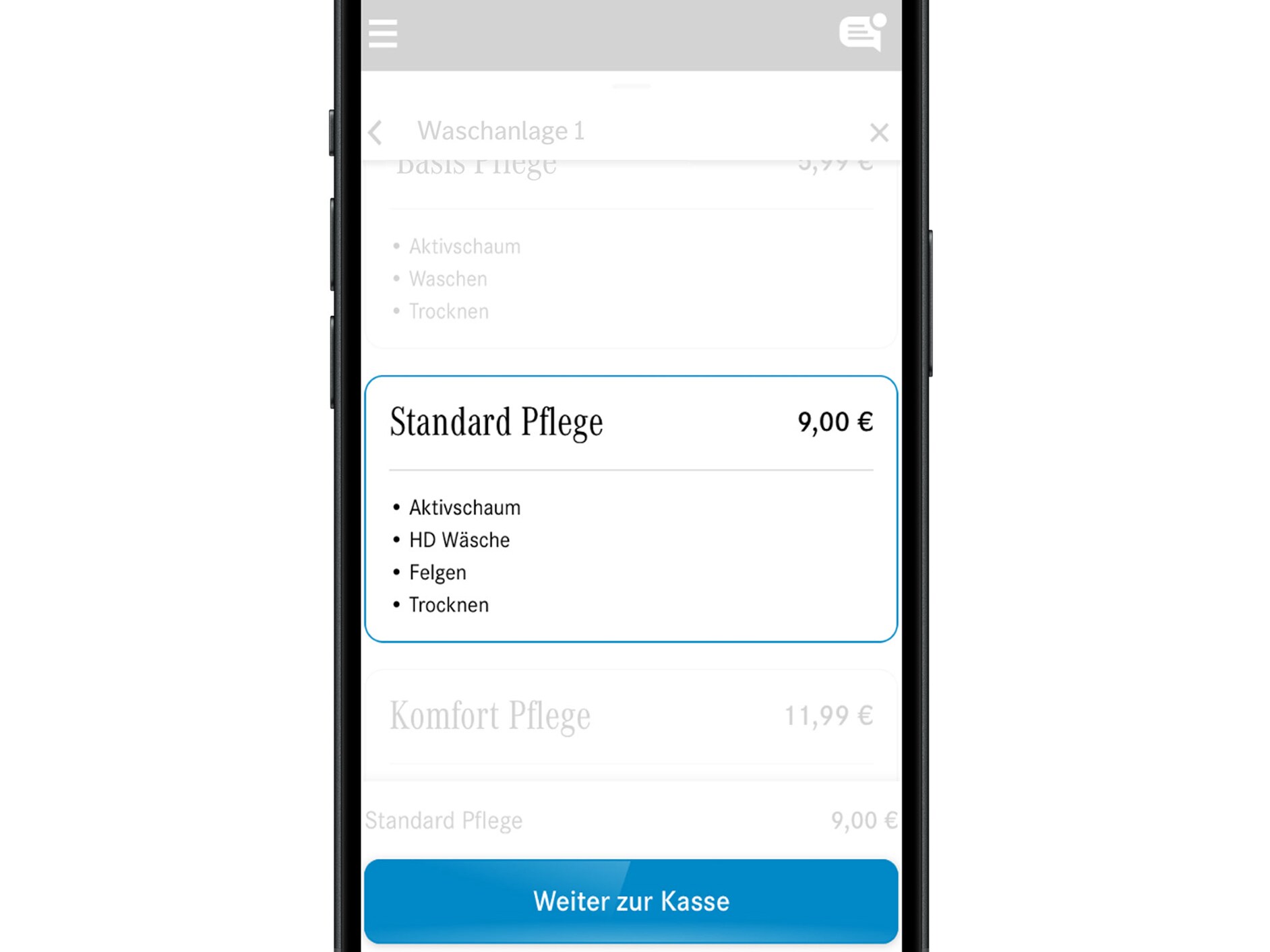 Der Bildschirm der Mercedes-Benz Car Wash App.