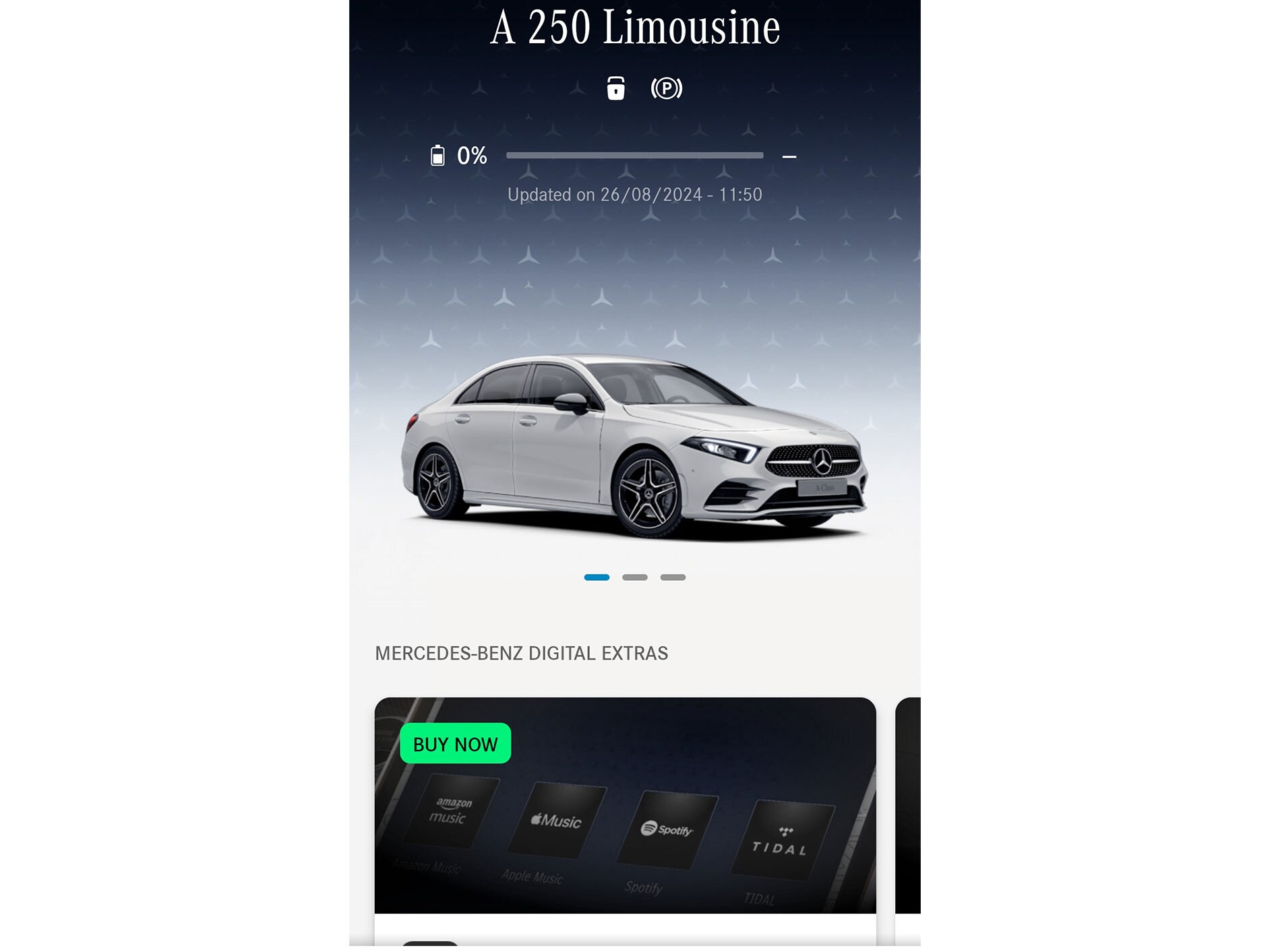 Das Menü der Mercedes-Benz App zeigt die verfügbaren Funktionen der Digitalen Extras Navigation, Remote und GUARD 360˚ auf einem Smartphone an.