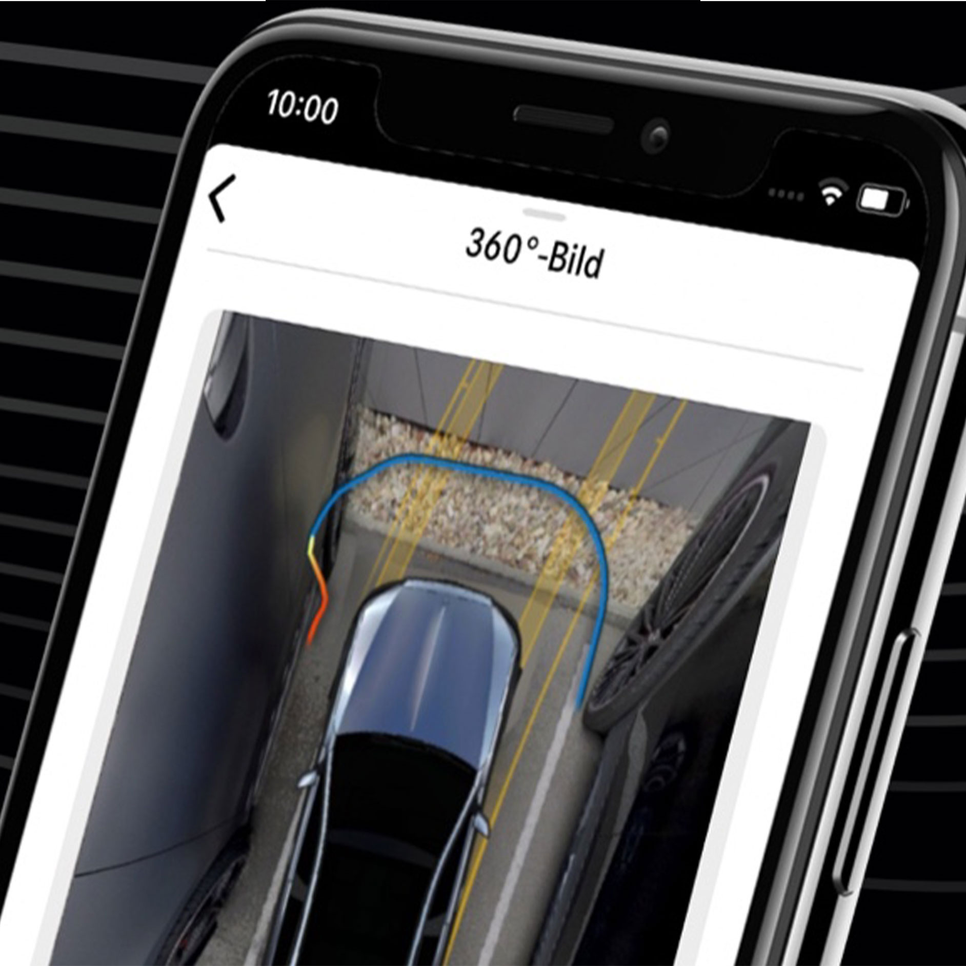 Assistant de stationnement à distance Mercedes-Benz | Applications | Mercedes-Benz Une Mercedes-Benz se gare dans un espace restreint grâce à l'application Assistant de stationnement à distance Mercedes-Benz et à la vue à 360° sur un smartphone.