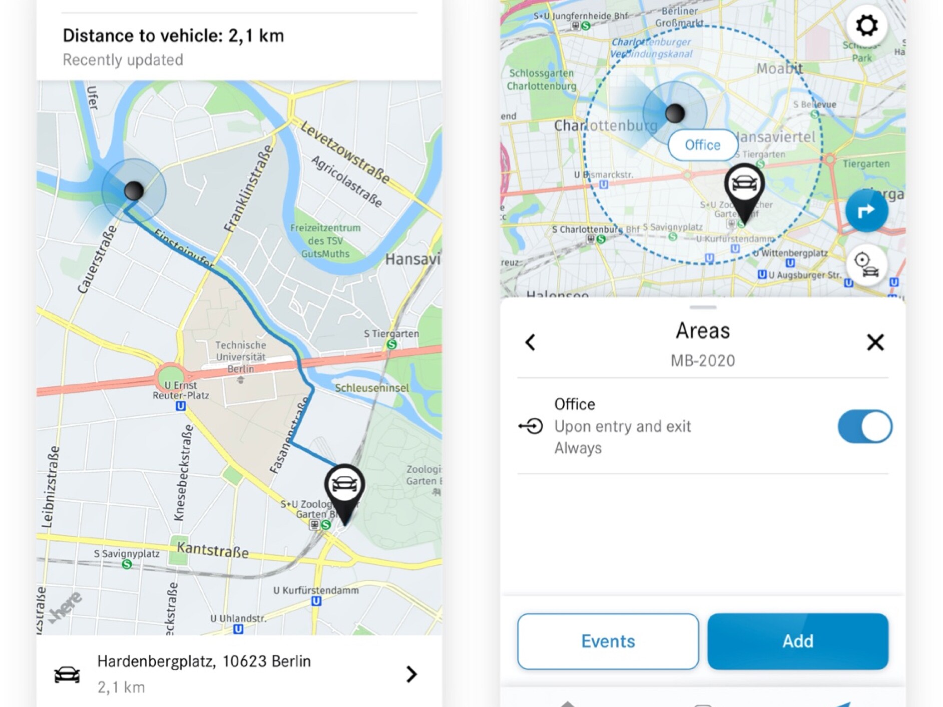 Auf einem Smartphone wird dank des Digitalen Extras Geographische Fahrzeugüberwachung angezeigt, ob das Fahrzeug innerhalb oder außerhalb eines definierten Gebietes fährt.