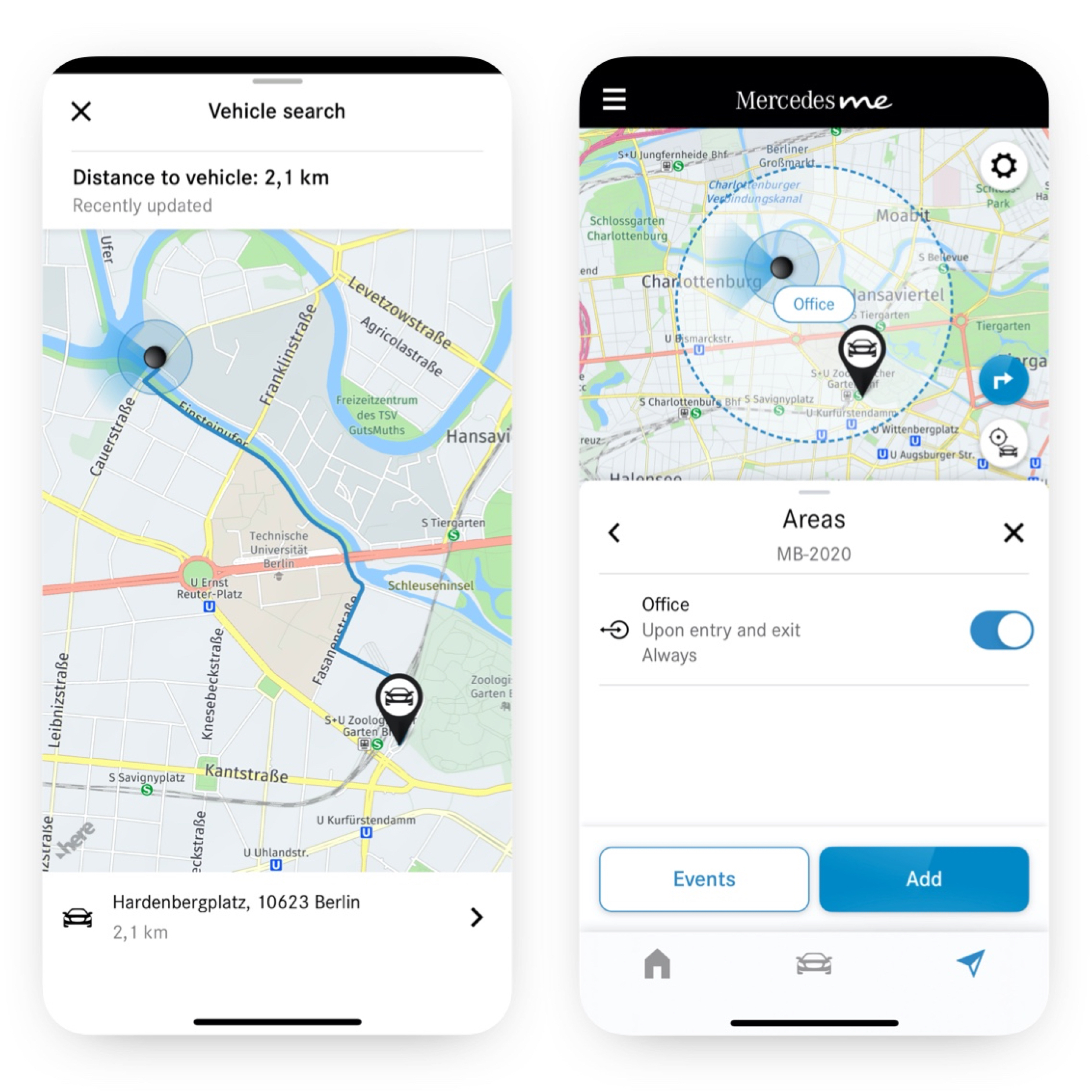 Géolocalisation du véhicule | Pack Excellence | Mercedes-Benz Sur un smartphone, grâce au service connecté Géolocalisation du véhicule, il est indiqué si le véhicule circule à l’intérieur ou à l’extérieur d’une zone définie.