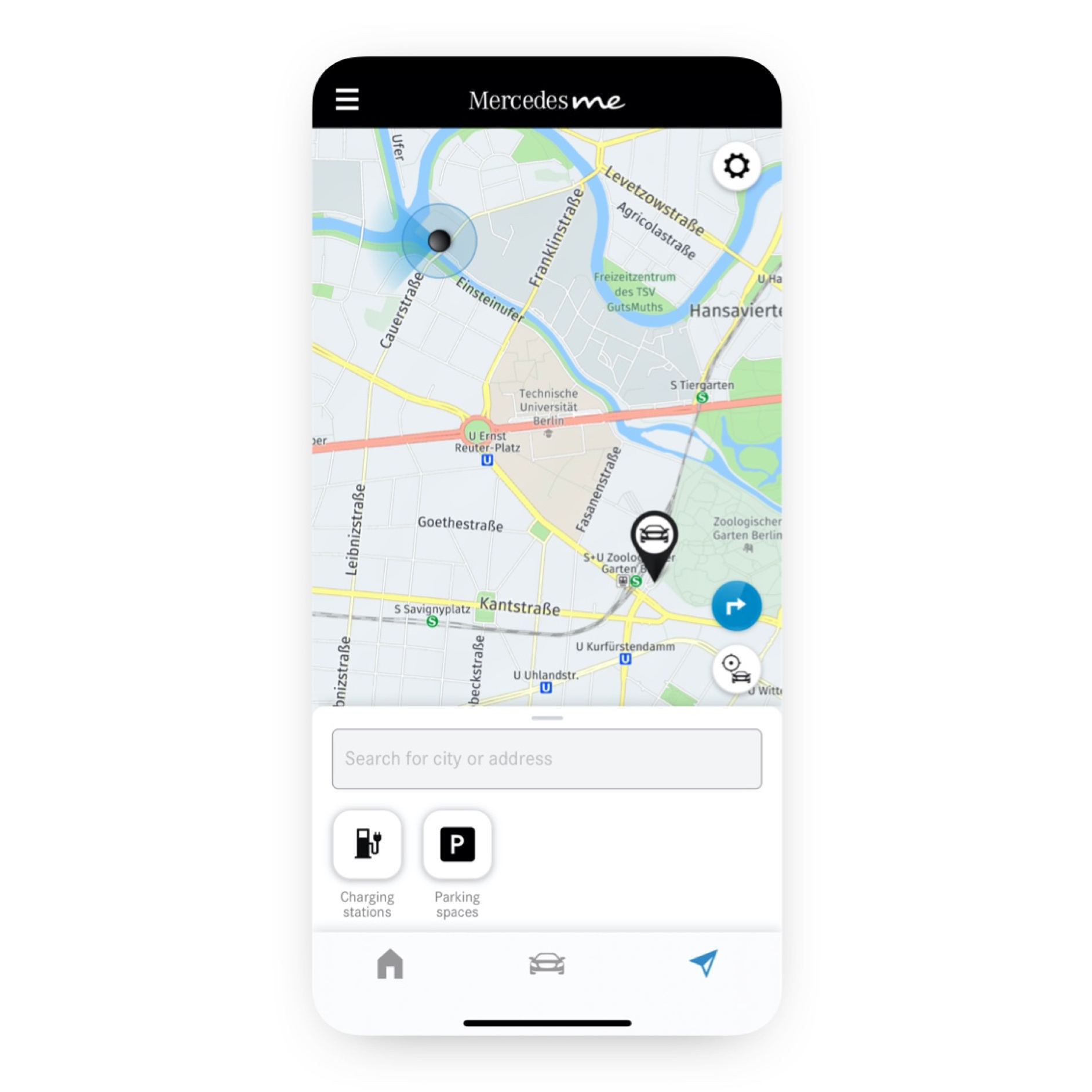Localiser le véhicule | Pack Excellence | Mercedes-Benz L'emplacement du véhicule est affiché dans l'application Mercedes-Benz sur un smartphone.