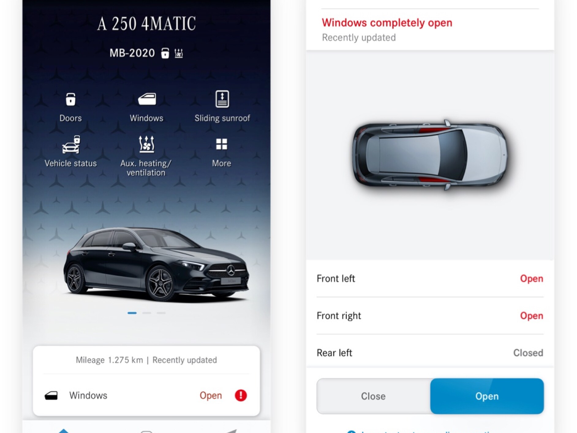 Sur un smartphone, on peut voir les différents écrans qui s’affichent lorsque le service connecté Commande à distance des vitres détecte que le toit ouvrant n'est pas fermé.