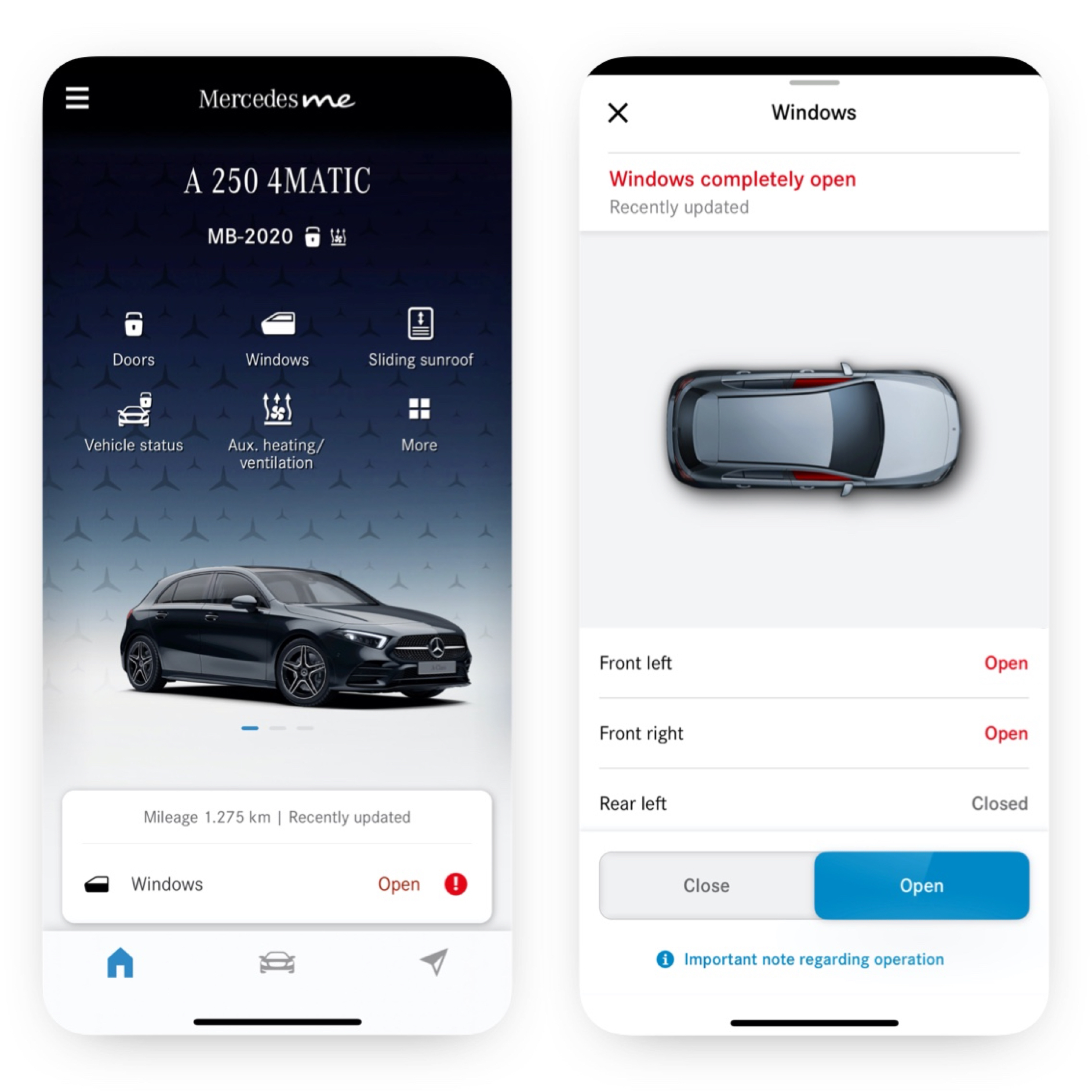 Commande à distance des vitres | Pack Excellence | Mercedes-Benz Sur un smartphone, on peut voir les différents écrans qui s’affichent lorsque le service connecté Commande à distance des vitres détecte que le toit ouvrant n'est pas fermé.