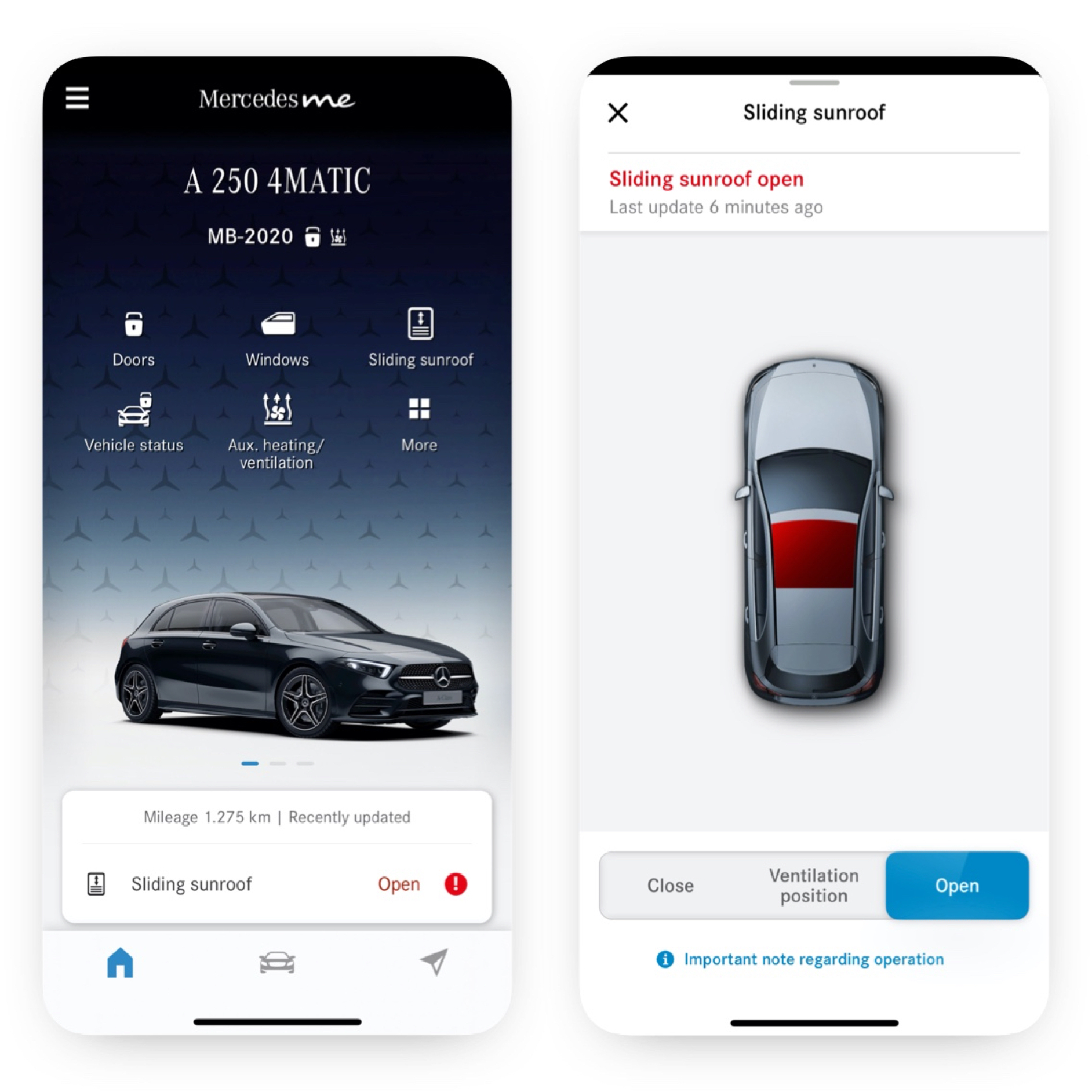 Commande à distance des vitres et du toit ouvrant | Pack Excellence | Mercedes-Benz Sur un smartphone, on peut voir les différents écrans qui s’affichent lorsque le service connecté Commande à distance des vitres et du toit ouvrant détecte que le toit ouvrant n'est pas fermé.