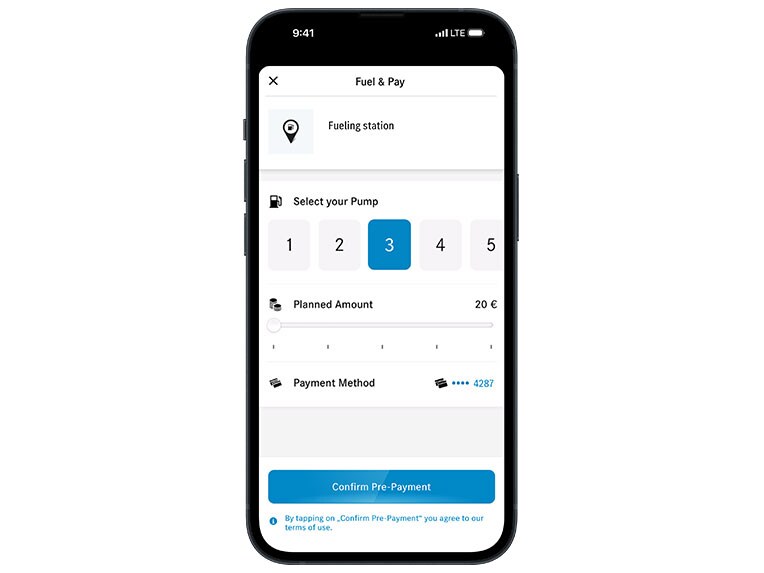 Etape 2 pour payer numériquement avec Fuel & Pay dans votre application Mercedes-Benz.