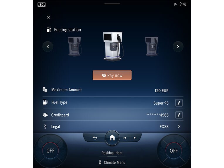 Etape 2 pour payer numériquement avec Fuel & Pay dans votre système d'infodivertissement MBUX.