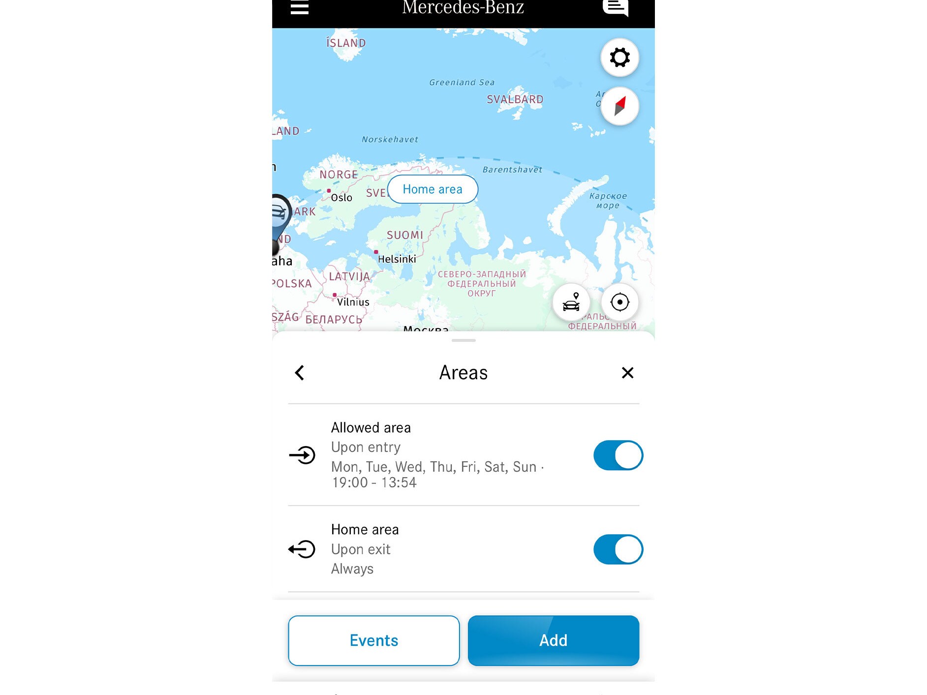 Auf einem Smartphone wird dank des Digitalen Extras Geographische Fahrzeugüberwachung angezeigt, ob das Fahrzeug innerhalb oder außerhalb eines definierten Gebietes fährt.