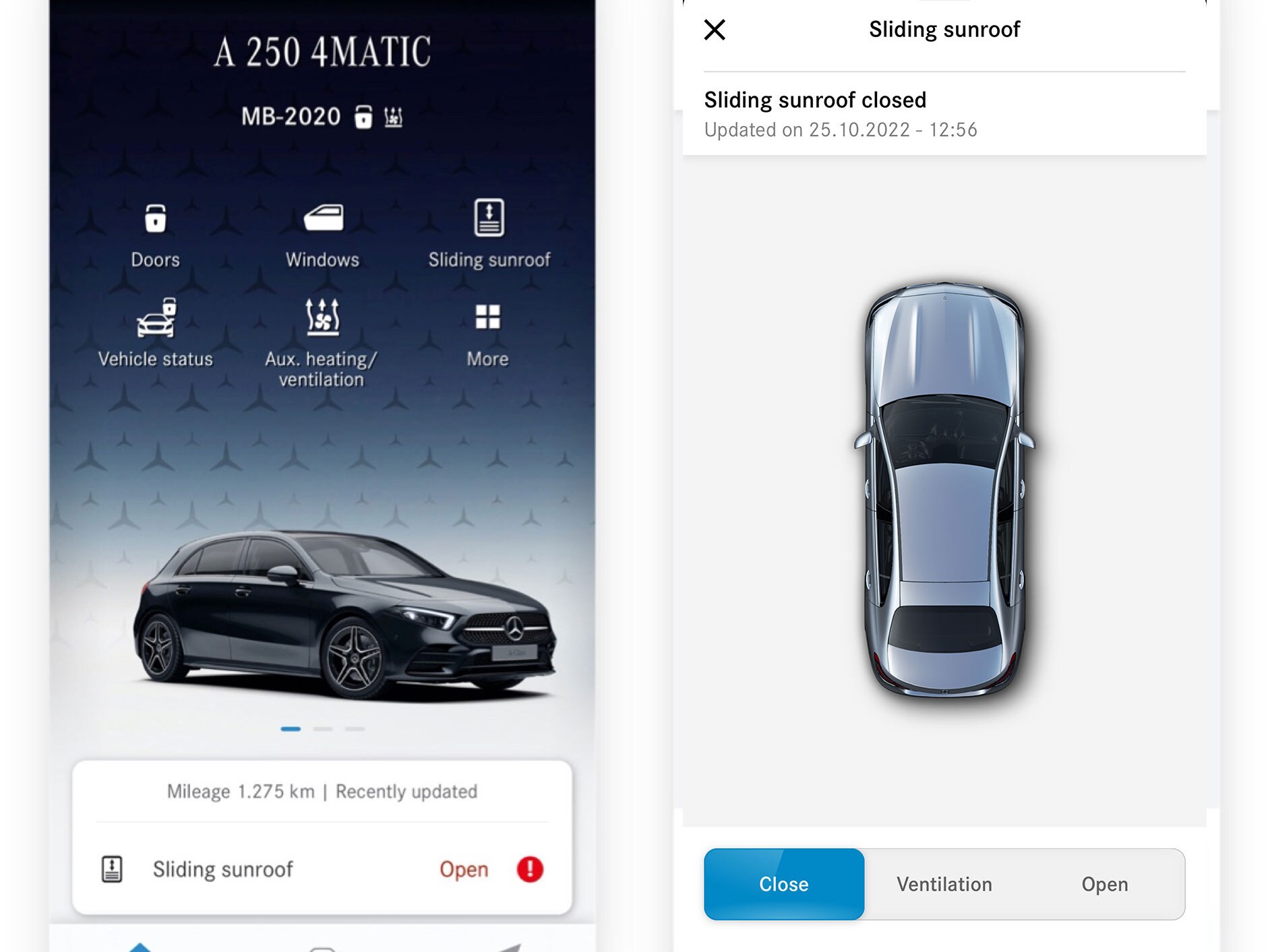 Auf einem Smartphone sind die verschiedenen Screens zu sehen, die angezeigt werden, wenn das Digitale Extra Fernsteuerung Fenster und Schiebedach feststellt, dass das Schiebedach nicht verriegelt ist.