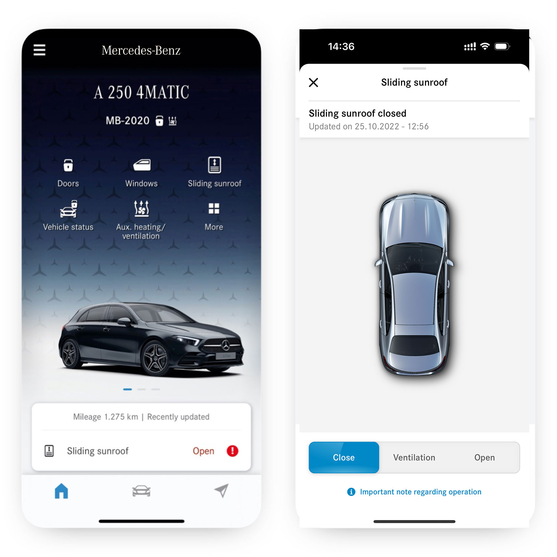 Commande à distance vitres/toit ouvrant | Remote | Mercedes-Benz Sur un smartphone, on peut voir les différents écrans qui s’affichent lorsque le service connecté Commande à distance des vitres et du toit ouvrant détecte que le toit ouvrant n'est pas fermé.