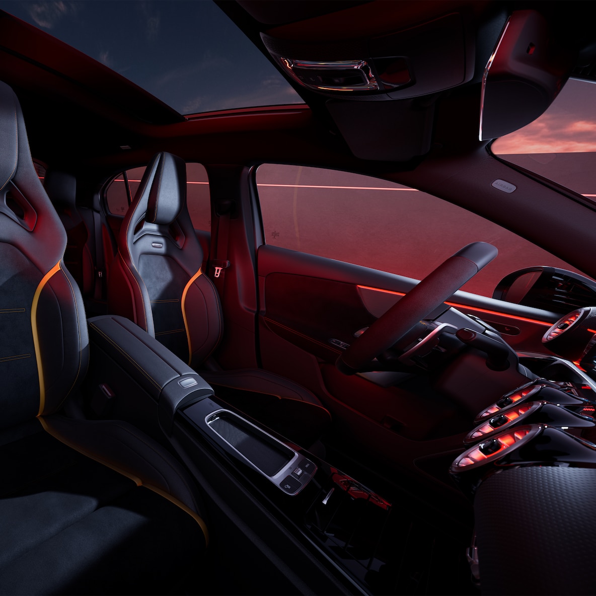 L'intérieur de la Mercedes-AMG Classe&nbsp;A avec sièges Performance AMG et volant Performance AMG.