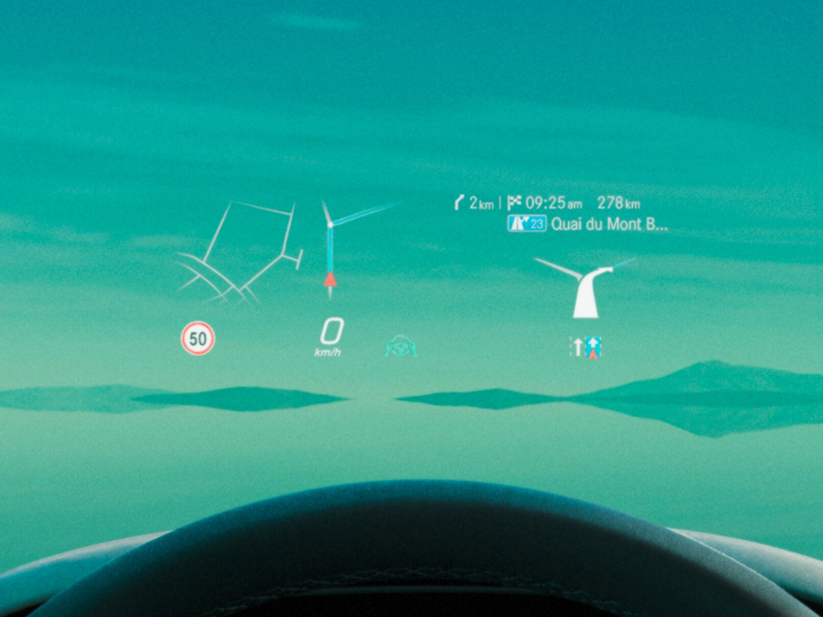 Das Head-up Display in der Mercedes EQE Limousine.