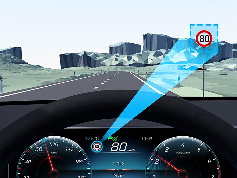 Eine grafische Darstellung des Verkehrszeichen-Assistenzen im neuen Mercedes EQE SUV.
