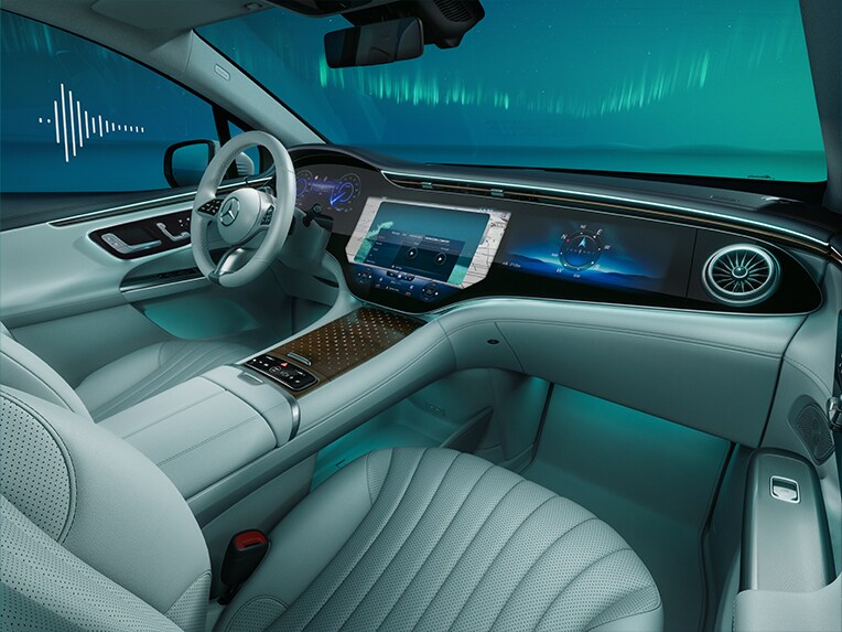 Eine grafische Darstellung des Akustik-Komfort-Paket im neuen Mercedes EQE SUV.