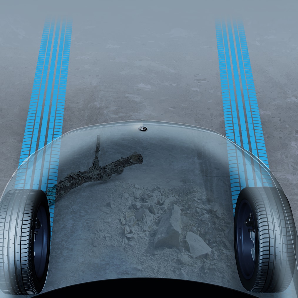 Eine grafische Darstellung der transparenten Motorhaube des EQE SUV von Mercedes-Benz.