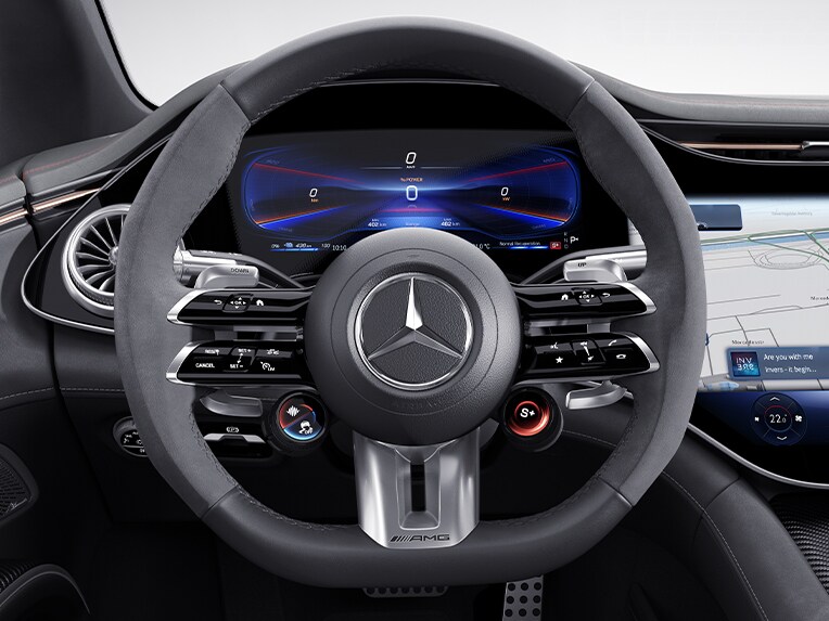 Das AMG Performance Lenkrad in Leder Nappa / Mikrofaser MICROCUT im Mercedes-AMG 53 4MATIC+.