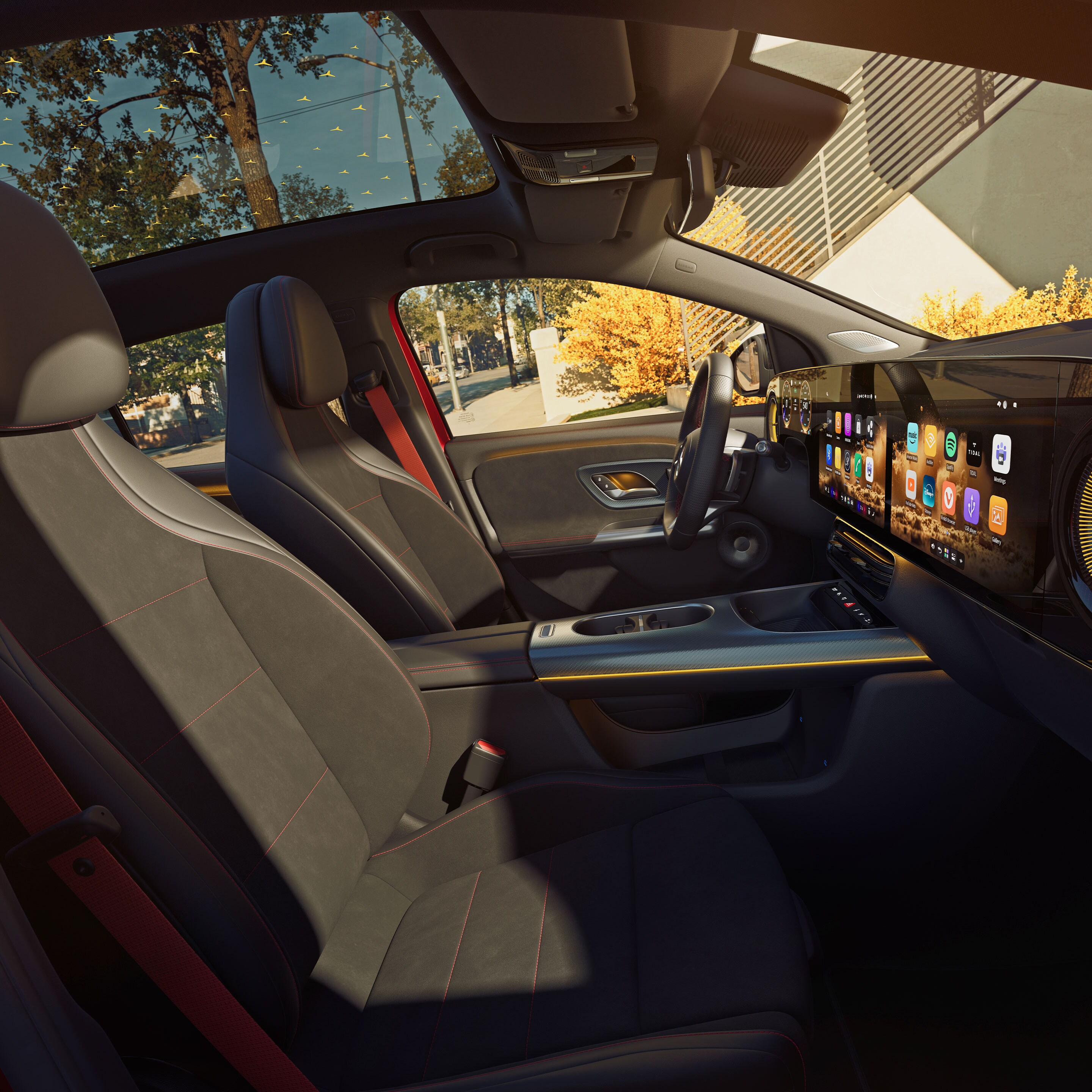 Das Interieur des brandneuen elektrischen GLA von Mercedes-Benz mit Schwerpunkt auf der vorderen und hinteren Sitzreihe, gesehen durch das Fenster des Beifahrers.