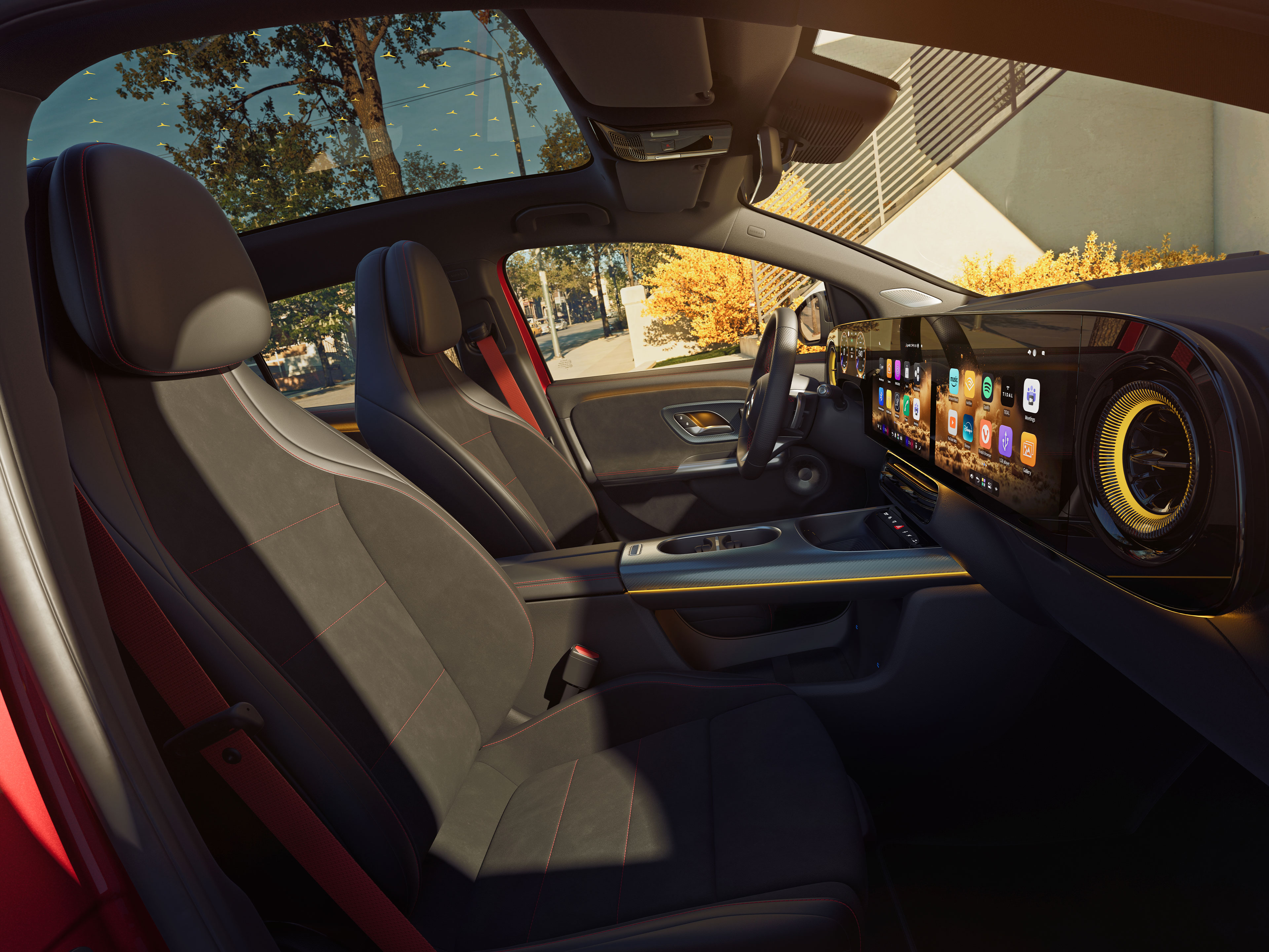Interieur | Der brandneue elektrische GLA | Mercedes-Benz Das Interieur des brandneuen elektrischen GLA von Mercedes-Benz mit Schwerpunkt auf der vorderen und hinteren Sitzreihe, gesehen durch das Fenster des Beifahrers.