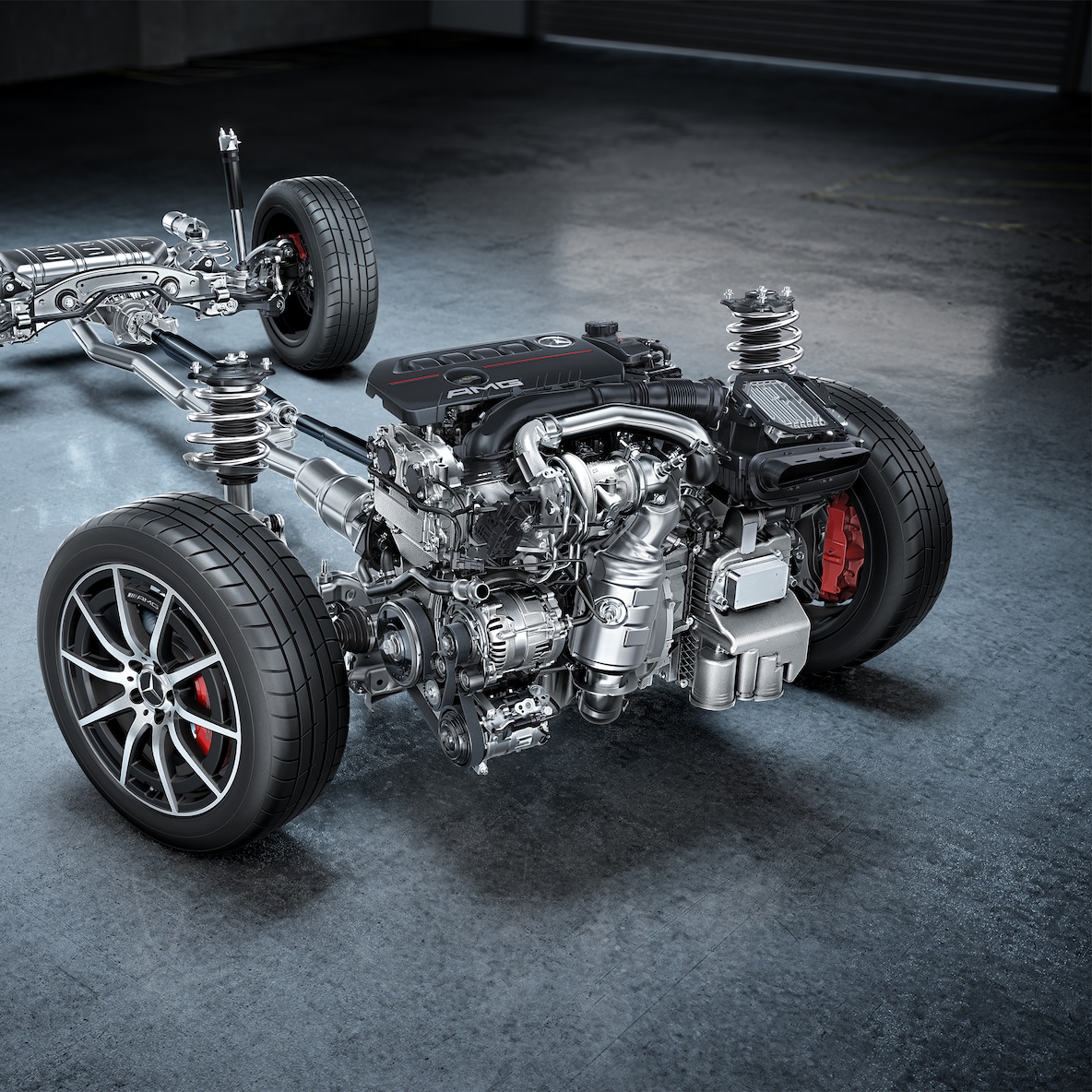 Le châssis avec chaîne cinématique de la Mercedes-AMG GLB&nbsp;35 4MATIC.
