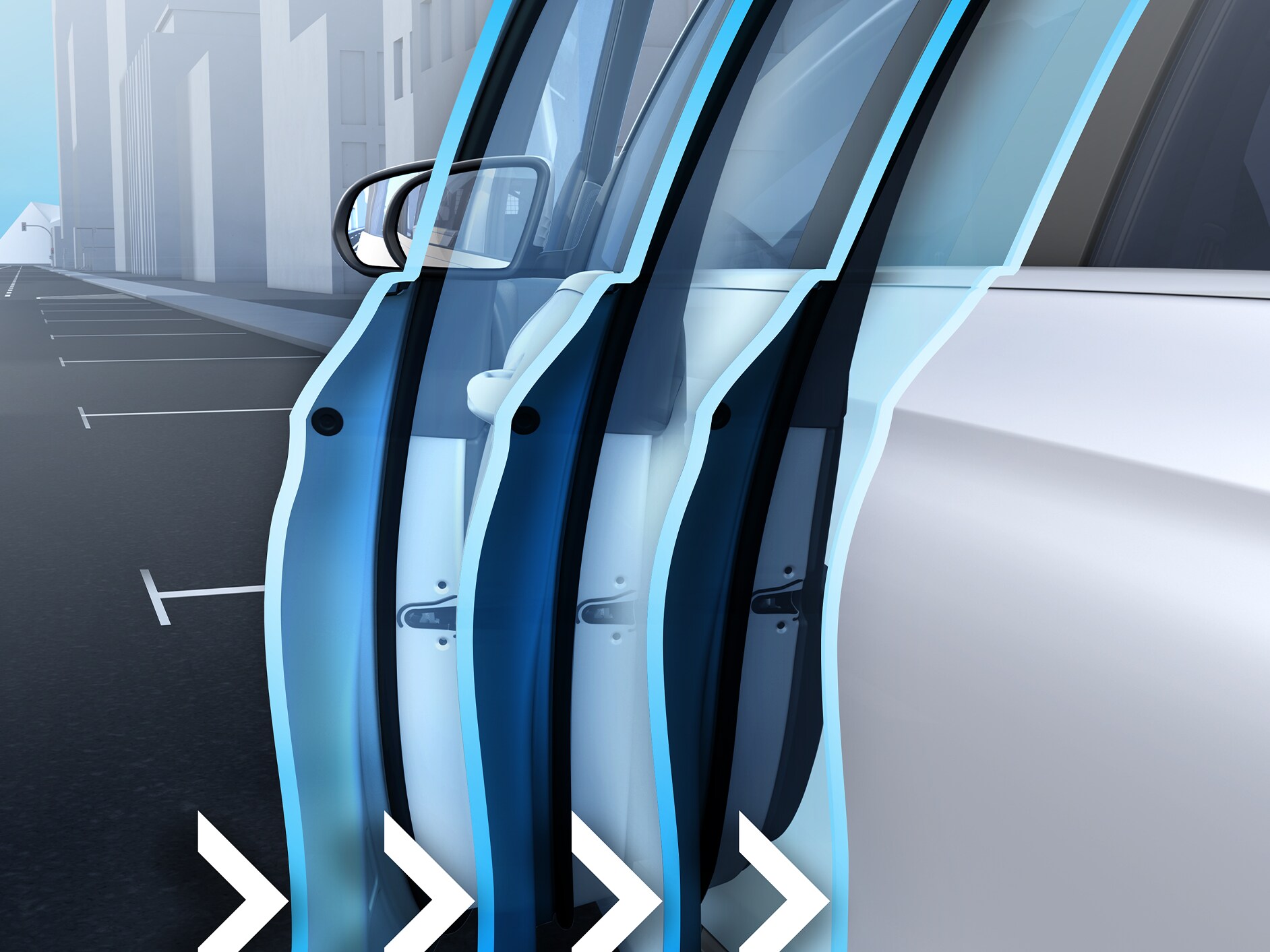 Représentation visuelle des fermetures assistées du GLS de Mercedes-Benz.