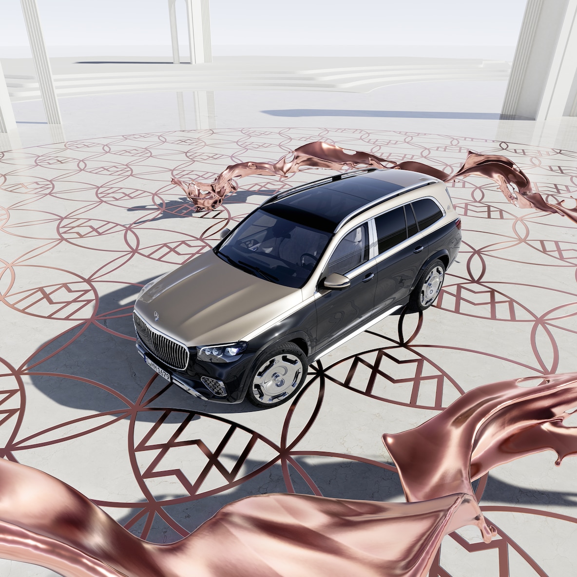 Frontale Seitenansicht des Mercedes-Maybach GLS 600 aus der Vogelperspektive.