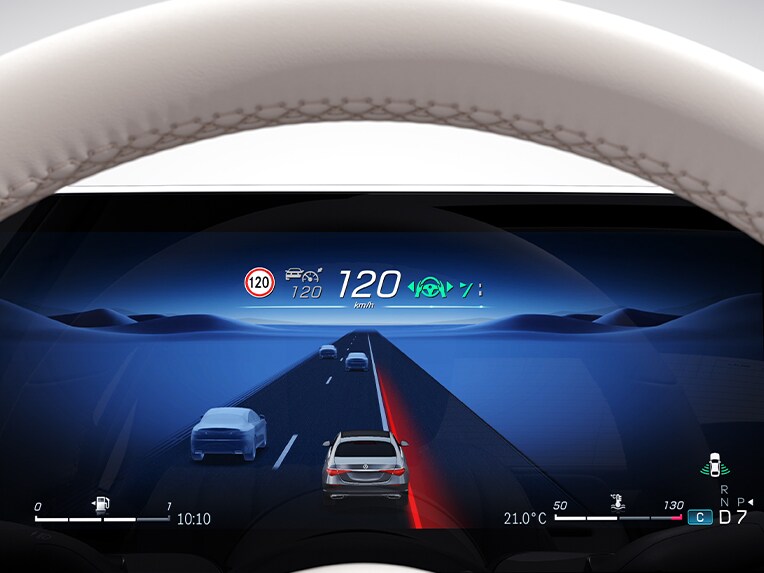 Affichage à l'écran de l'assistant de franchissement de ligne actif à bord de la Mercedes-Benz Classe S Berline version longue.