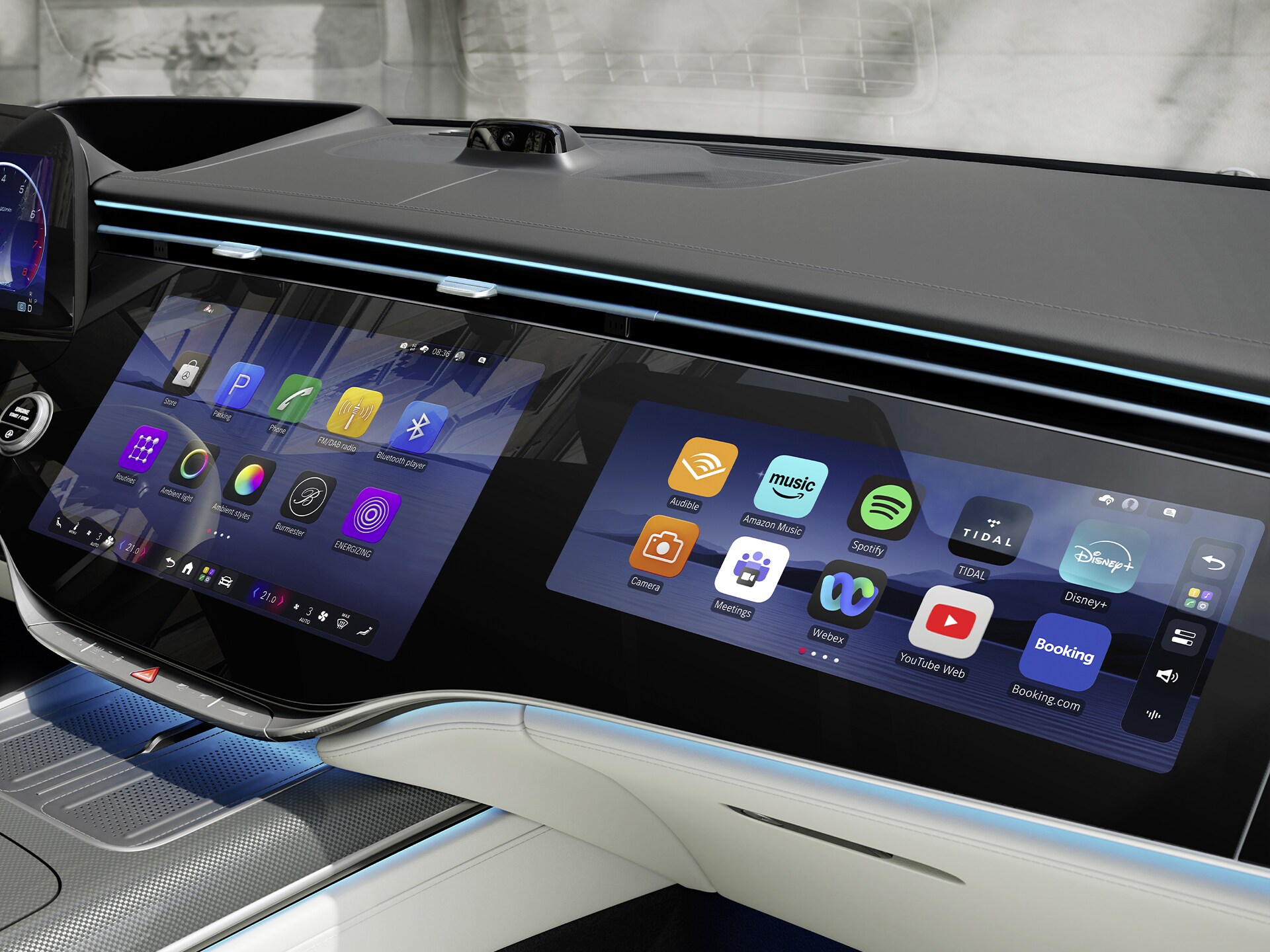 Der MBUX Superscreen im Cockpit der neuen Mercedes-Benz S-Klasse Limousine lang zeigt MB.OS von Mercedes-Benz.