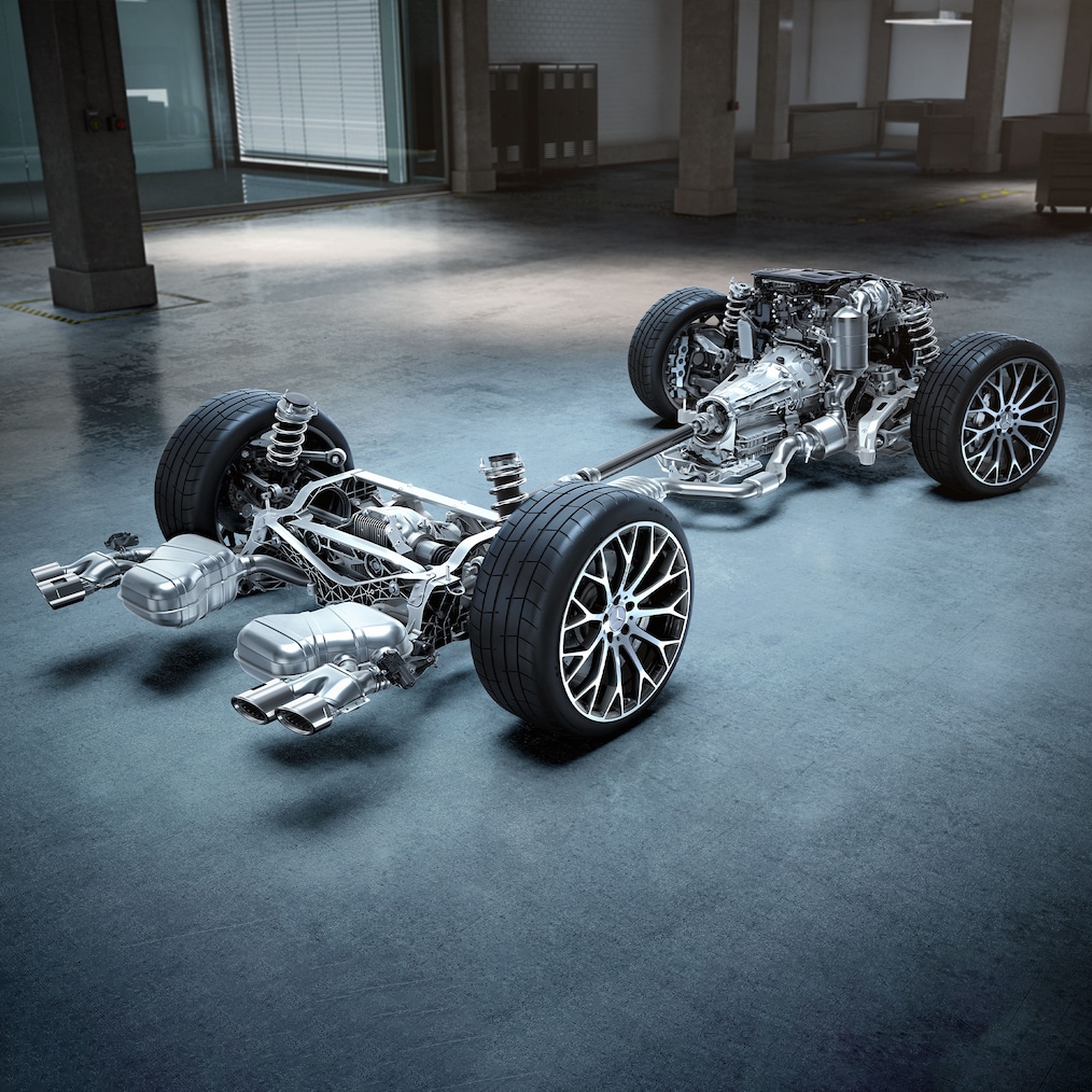 Der Mercedes-AMG SL Roadster Antriebsstrang im Entwicklungsbereich.