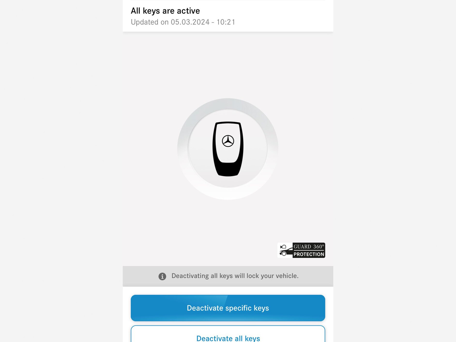 Auf einem Smartphone wird das Menü des Digitalen Extras Schlüsseldeaktivierung angezeigt.