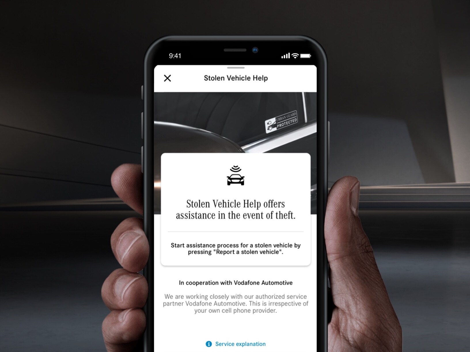 Une assistance en cas de vol du véhicule est proposée sur smartphone via un service connecté GUARD 360° dans une application Mercedes me.