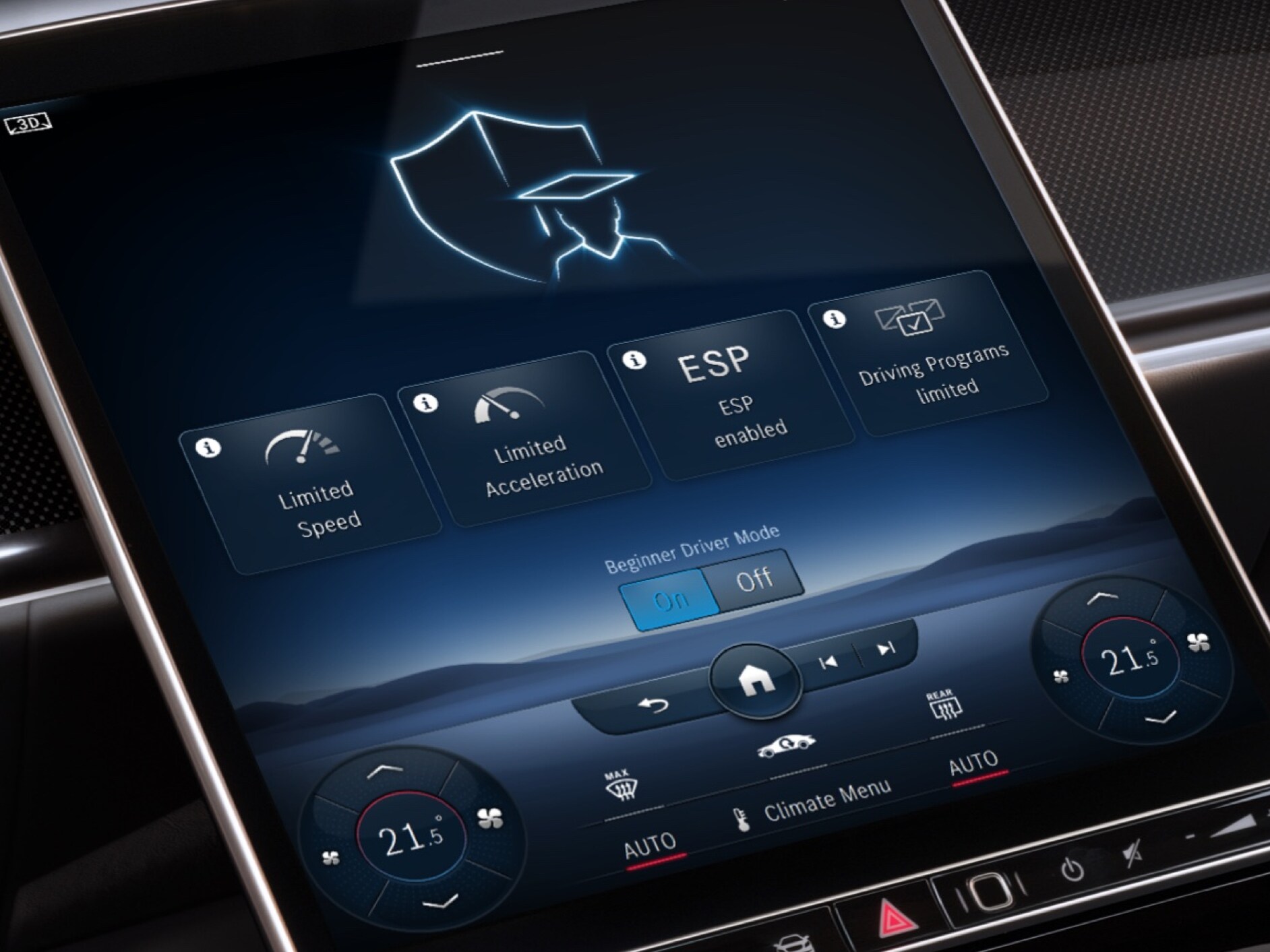 Auf dem Media-Display mit dem MBUX Multimediasystem wird das Menü des Digitalen Extras Benachrichtigung bei Überschreitung der Fahrgeschwindigkeit angezeigt.