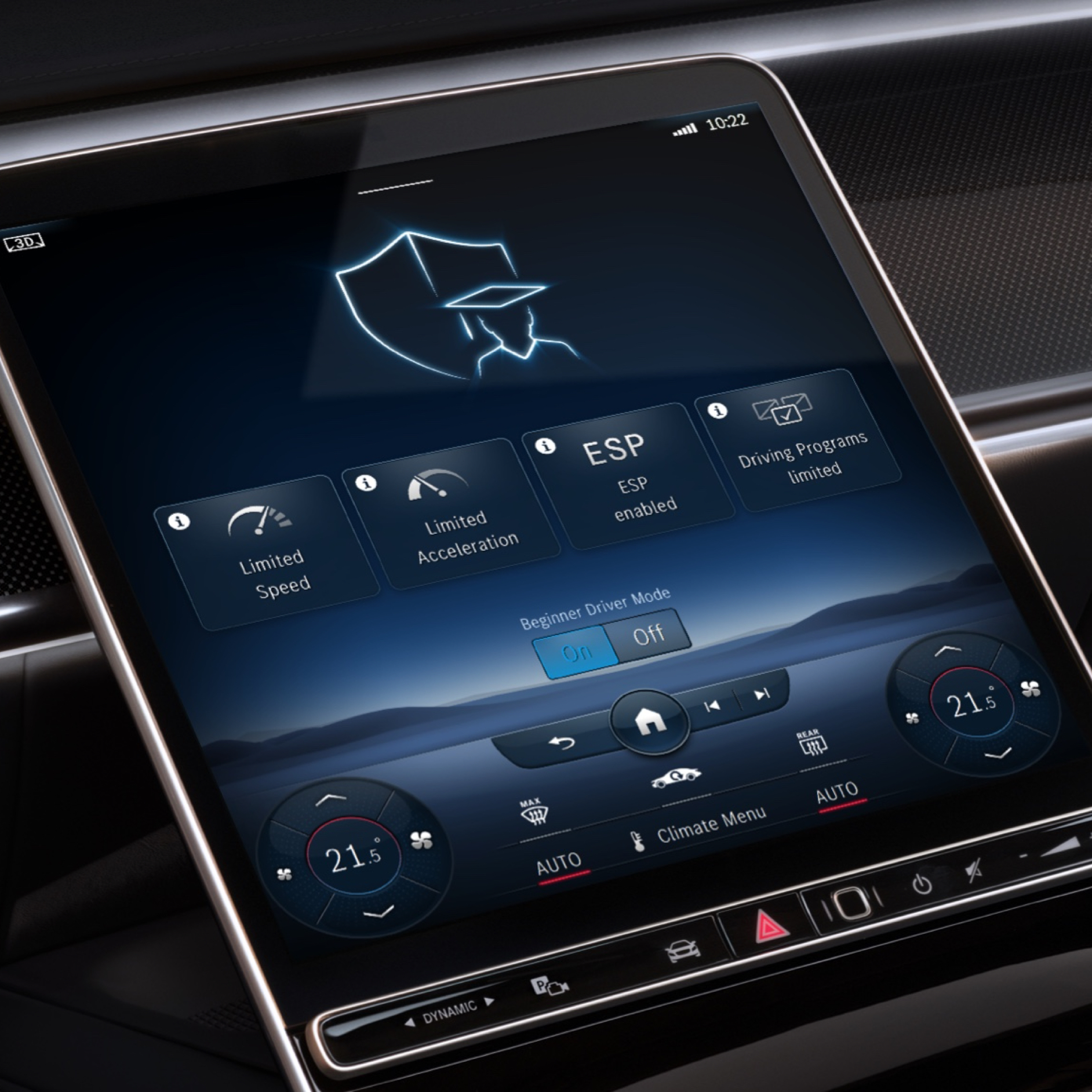 Commande à distance pour mode jeune conducteur | Pack Excellence | Mercedes-Benz Le menu du service connecté Dépassement de la vitesse autorisée s’affiche sur l’écran média du système multimédia MBUX lorsque la vitesse programmée est dépassée.