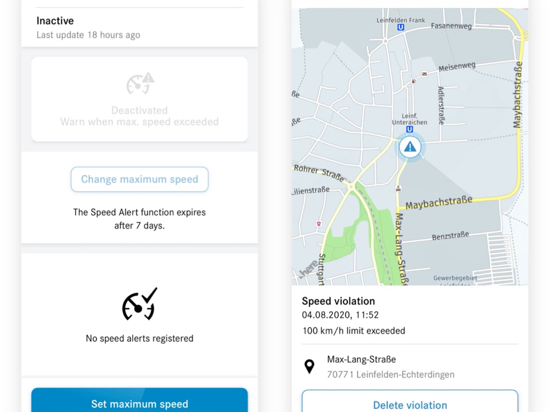 Auf einem Smartphone sind die verschiedenen Screens zu sehen, die erscheinen, wenn das Digitale Extra Benachrichtigung bei Überschreitung der Fahrgeschwindigkeit aktiviert ist und einen Verstoß feststellt.