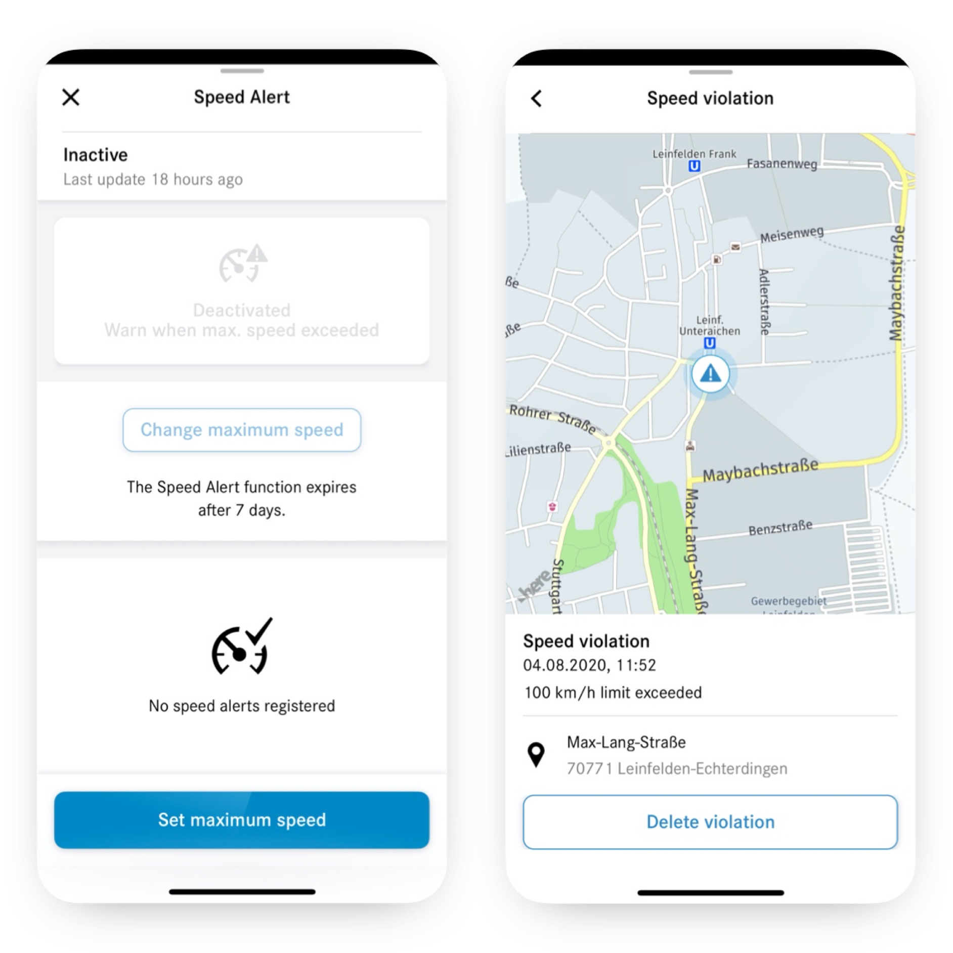 Dépassement de la vitesse autorisée | Pack Excellence | Mercedes-Benz Sur un smartphone, on peut voir les différents écrans qui s’affichent lorsque le service connecté Dépassement de la vitesse autorisée est activé et constate une infraction.