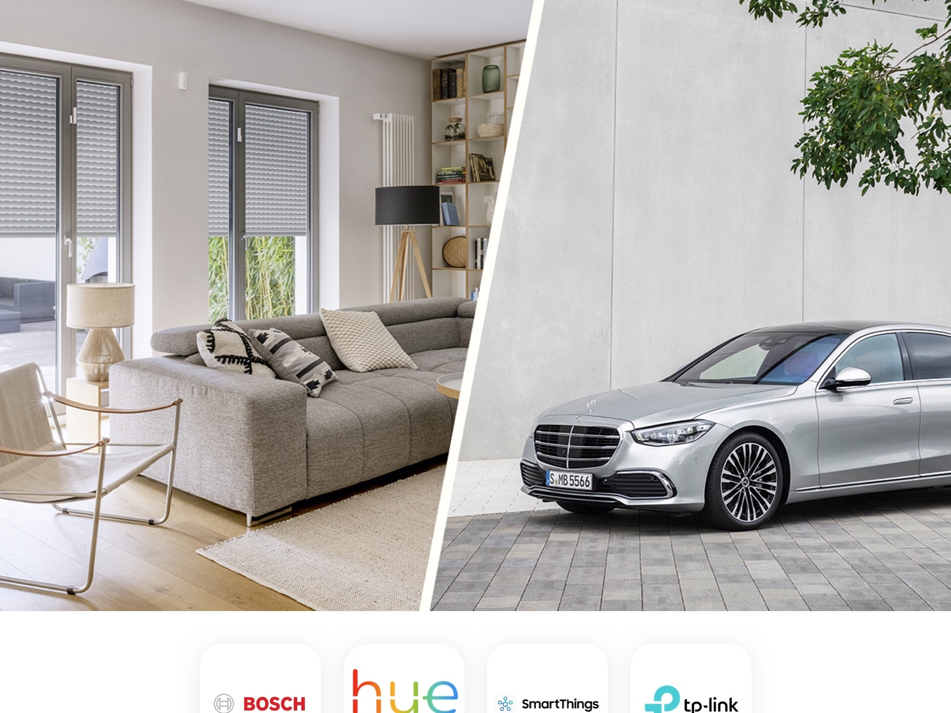 L’image montre un collage sur lequel on peut voir un appartement meublé ainsi qu’un véhicule Mercedes. On peut également y voir les différents fournisseurs de Smart Home qui coopèrent avec Mercedes-Benz.