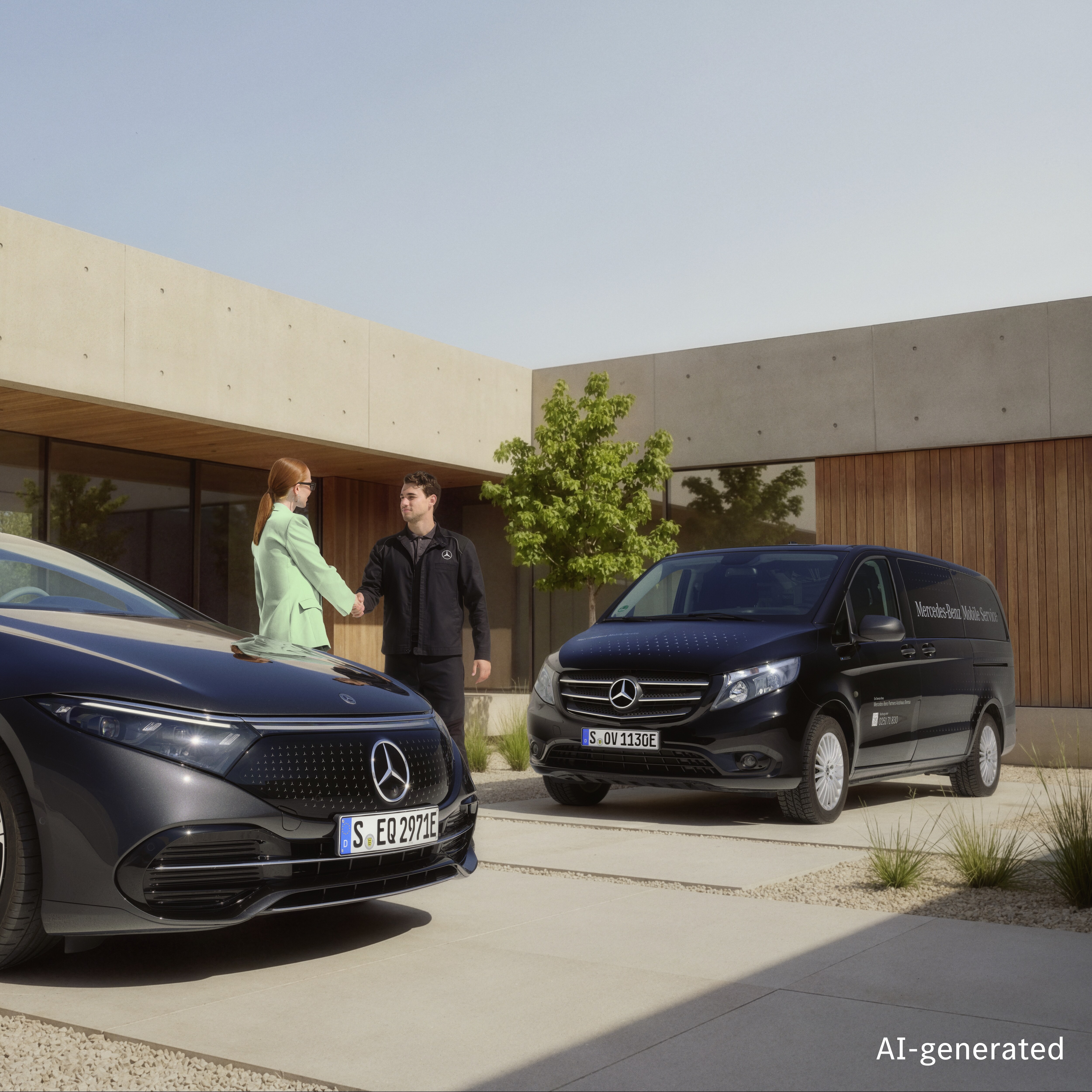Ein Techniker von Mercedes-Benz Mobile Service begrüßt einen Kunden per Handschlag vor einem modernen Haus, in dessen Einfahrt ein Mercedes-Benz geparkt ist und in dessen Nähe ein mobiles Servicefahrzeug steht.