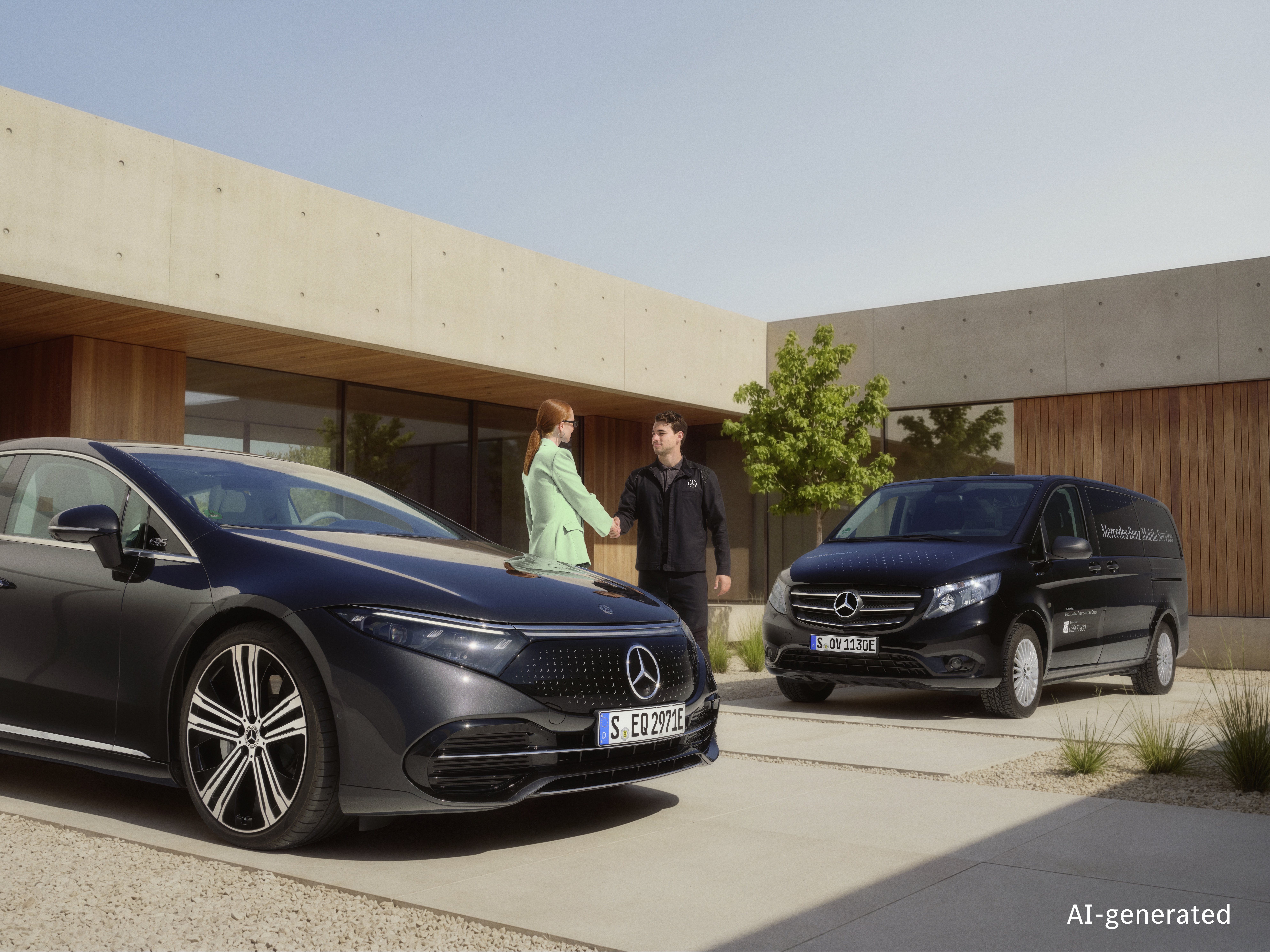 Mercedes Benz Mobile Service zu Hause Ein Techniker von Mercedes-Benz Mobile Service begrüßt einen Kunden per Handschlag vor einem modernen Haus, in dessen Einfahrt ein Mercedes-Benz geparkt ist und in dessen Nähe ein mobiles Servicefahrzeug steht.