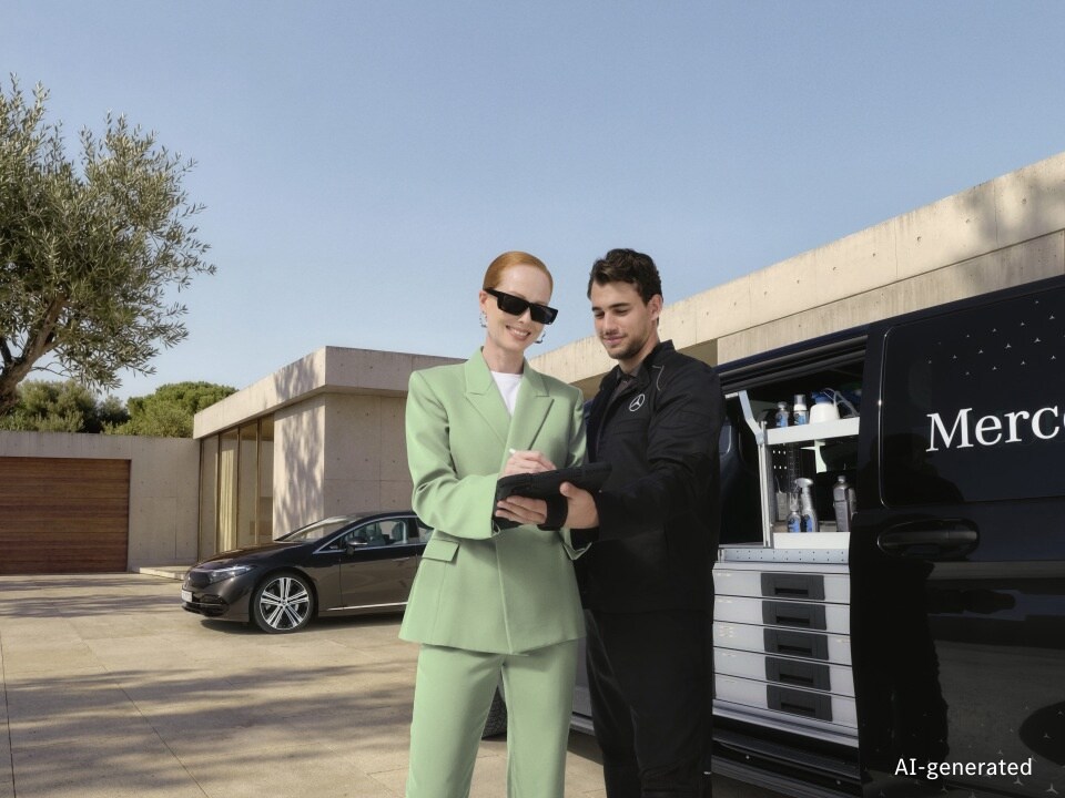 Un technicien Mercedes-Benz Mobile Service examine des documents numériques avec un client à côté d'un utilitaire léger de service mobile entièrement équipé, avec une Mercedes-Benz garée en arrière-plan devant une maison moderne.