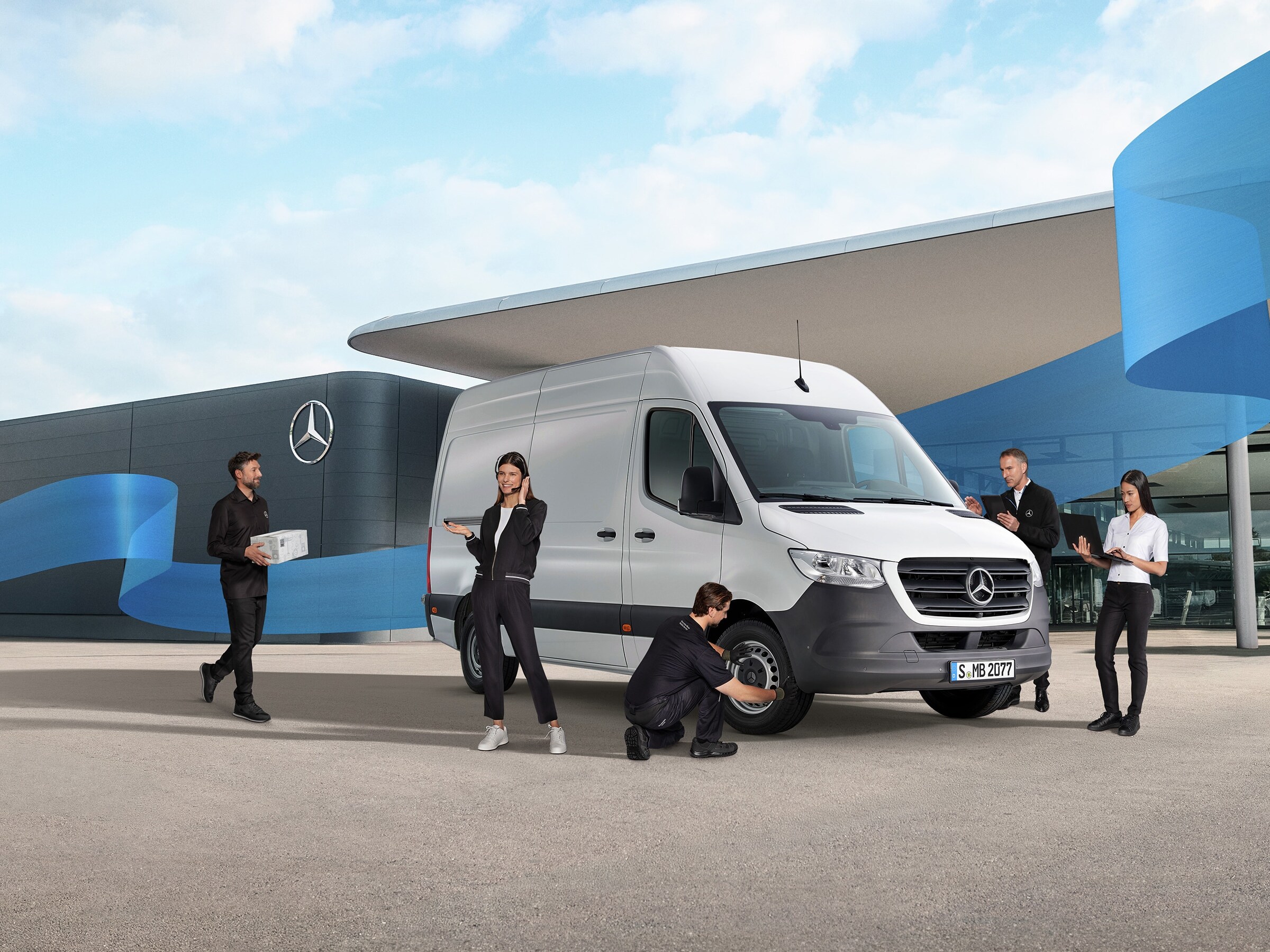 Service après-vente et assistance du Mercedes-Benz Sprinter dans le cadre d'une flotte moderne d'utilitaires légers.