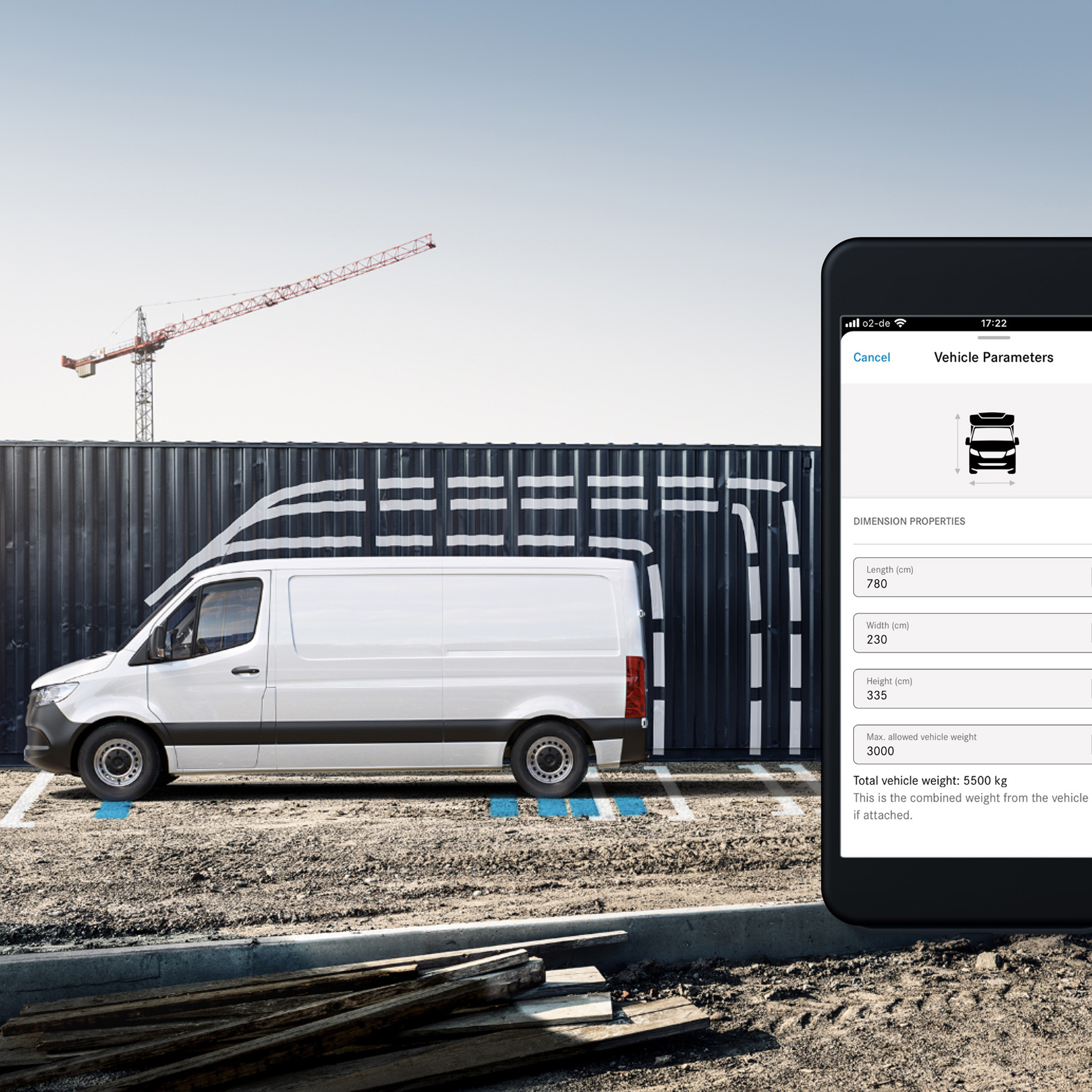 Navigation pour remorques et véhicules surdimensionnés | Offres digitales | Mercedes-Benz Vue graphique des dimensions du véhicule dans l'application Mercedes-Benz sur un smartphone.
