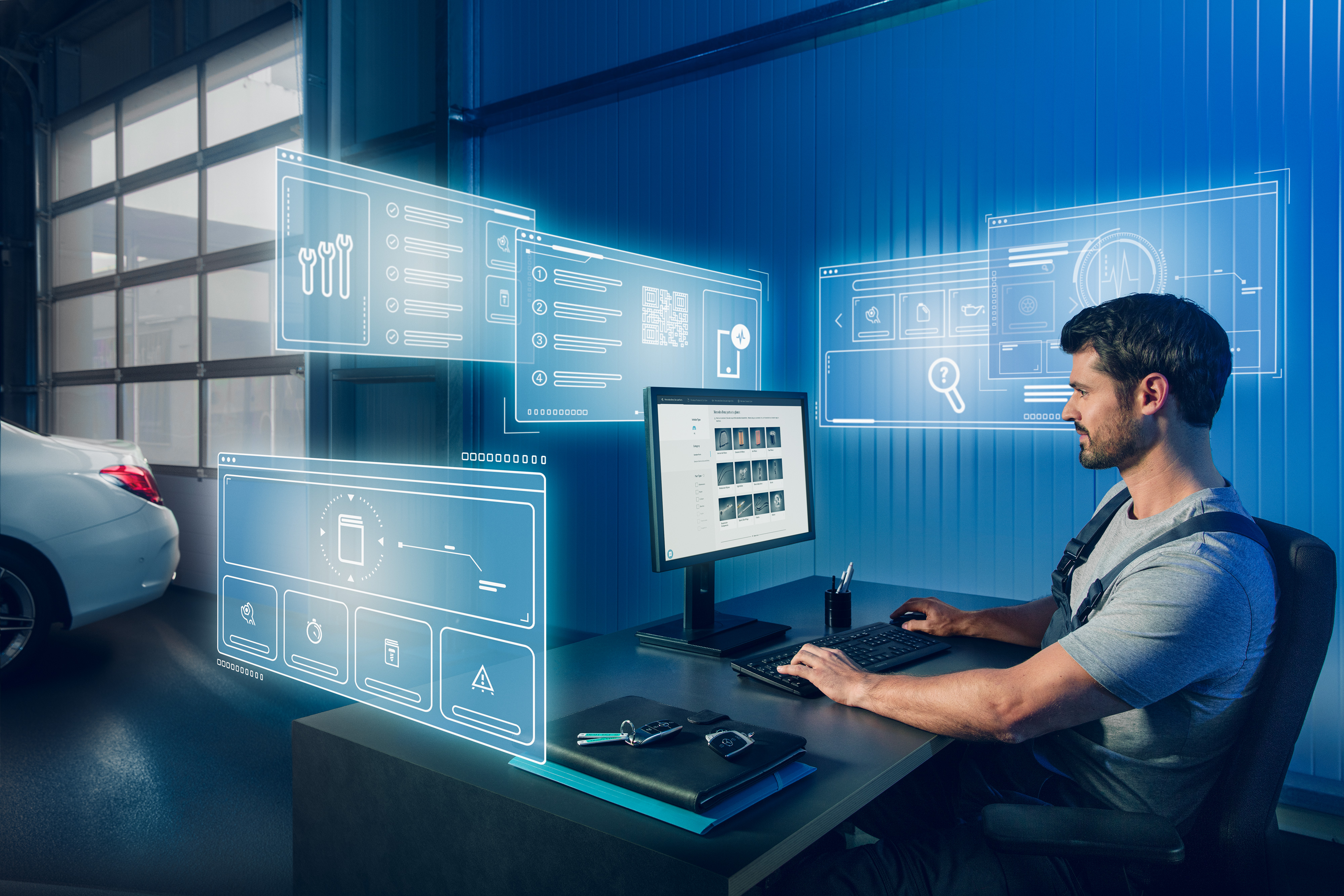 Mercedes-Benz | Transporter Qualität Original-Teile Mechaniker sucht am Computer nach passenden Mercedes-Benz Original-Teilen im Mercedes Ersatzteilkatalog.