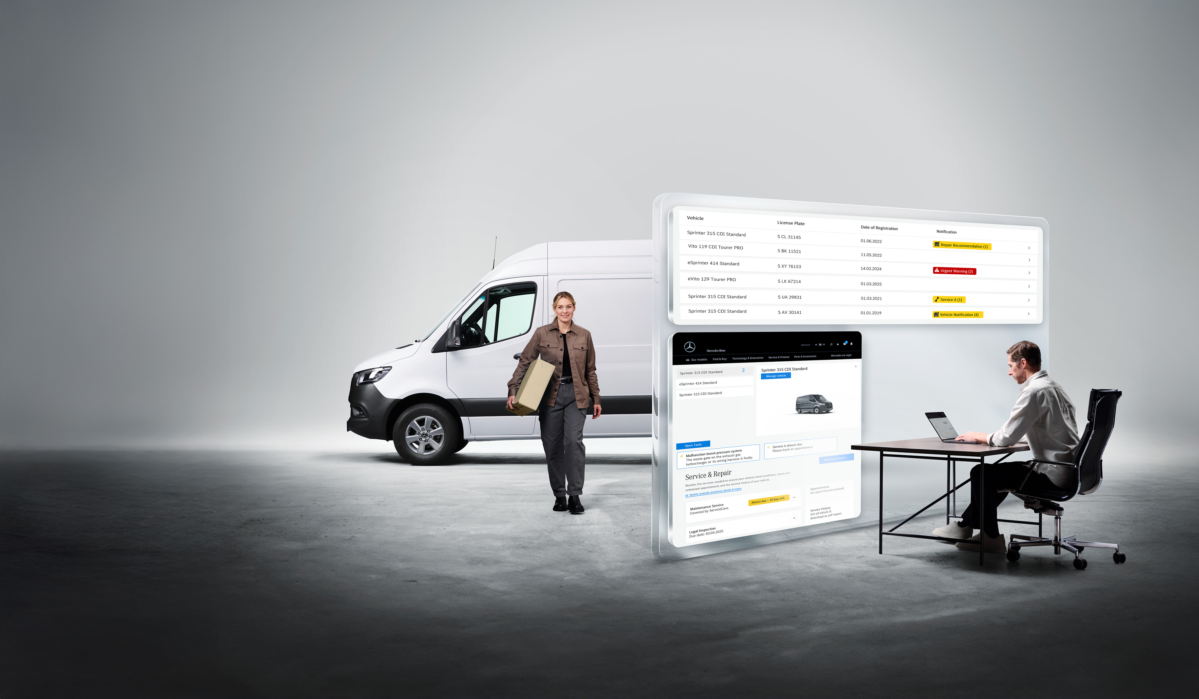 Mercedes-Benz | Transporter Flottendienstleistungen | Uptime Monitor Große Computerbildschirme zeigen die Mercedes-Benz Van Uptime-Überwachung an. Ein Zusteller steht vor einem weißen Mercedes-Benz Sprinter im Hintergrund.