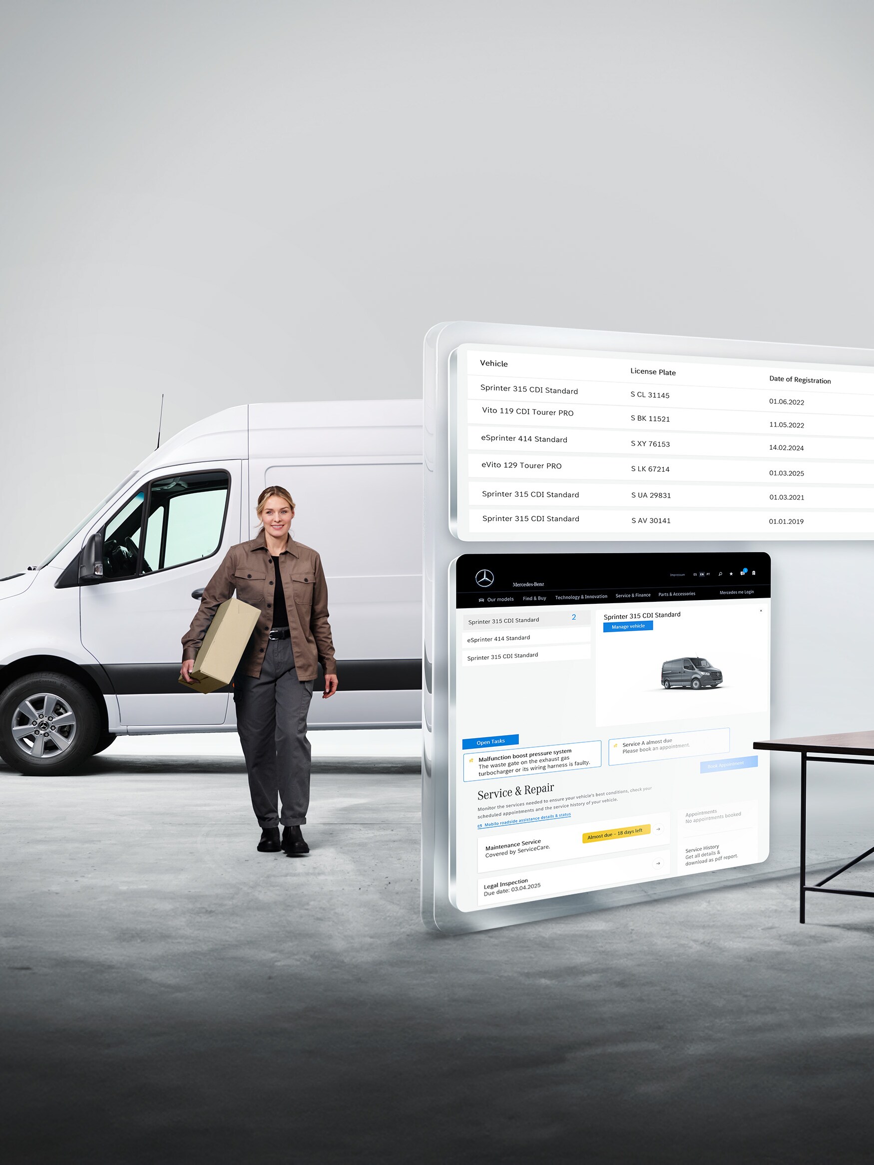 De grands écrans d'ordinateur affichent le suivi du temps de fonctionnement des utilitaires légers Mercedes-Benz. Un livreur se tient devant un Mercedes-Benz Sprinter blanc en arrière-plan.