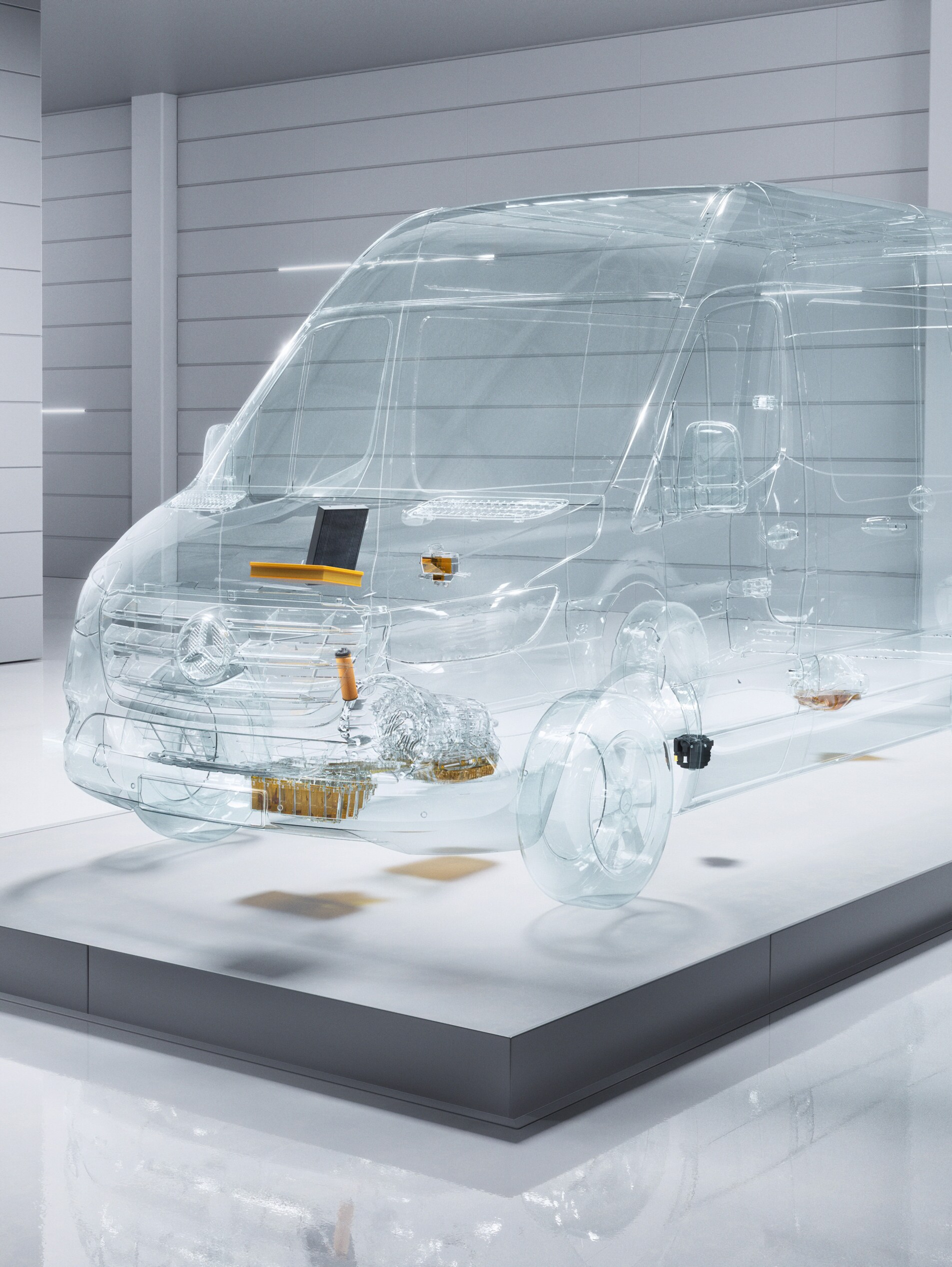 Un utilitaire léger Mercedes-Benz Sprinter transparent et virtuel dans un atelier.