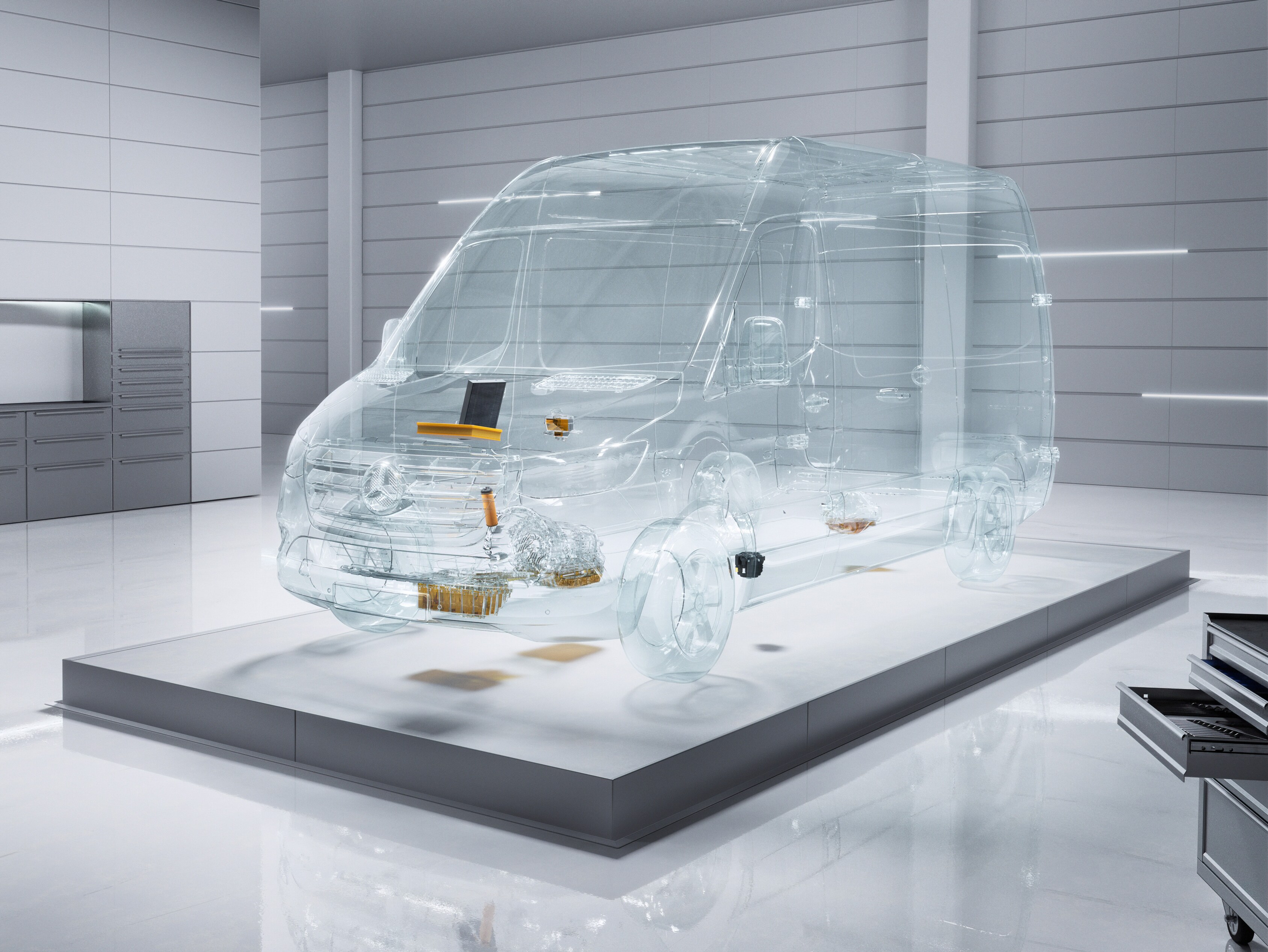 Un utilitaire léger Mercedes-Benz Sprinter transparent et virtuel dans un atelier.