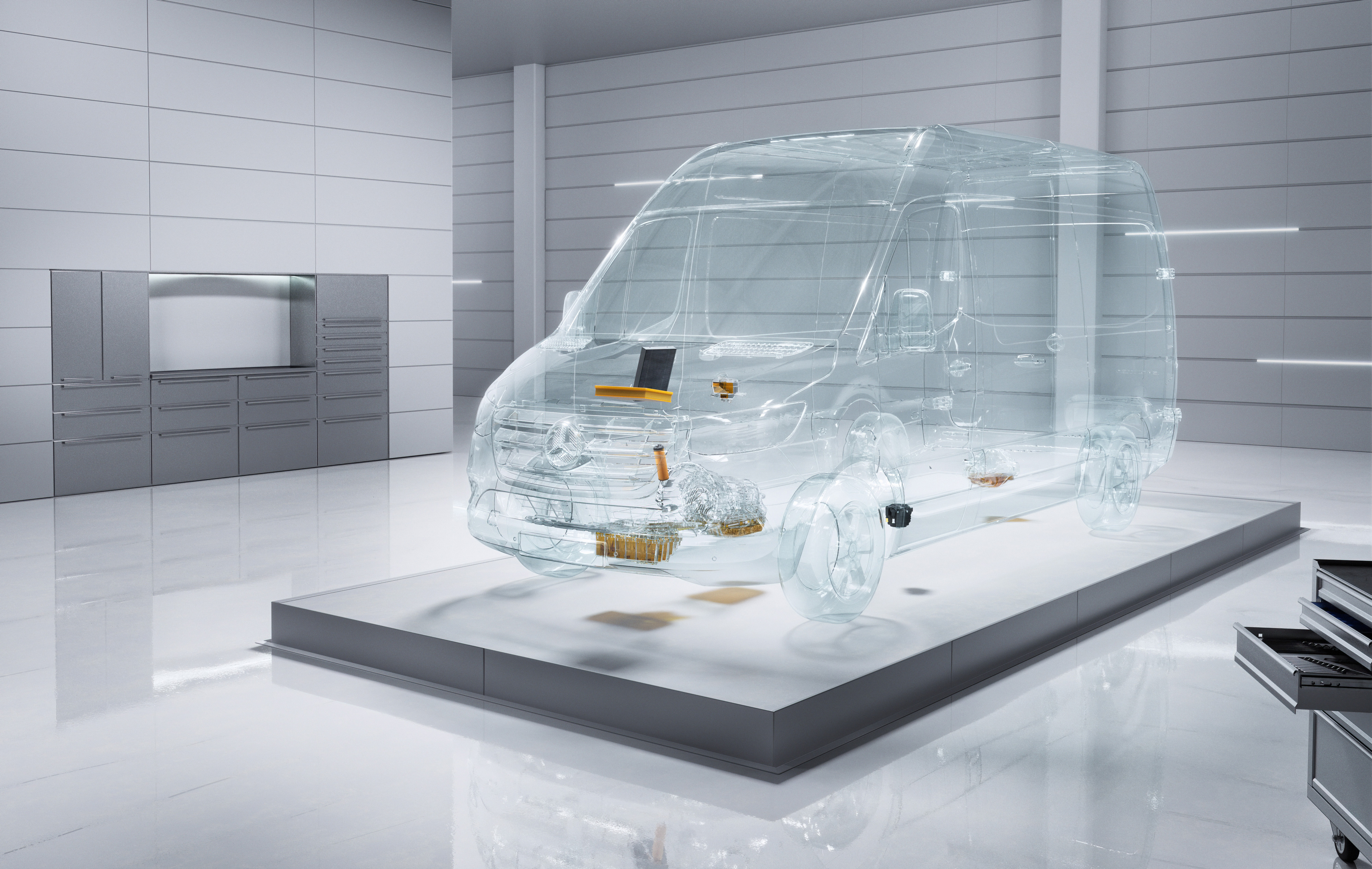 Mercedes-Benz | ServiceCare Transporter | Optimal gewartet Ein virtueller transparenter Mercedes-Benz Sprinter in einer Werkstattumgebung.