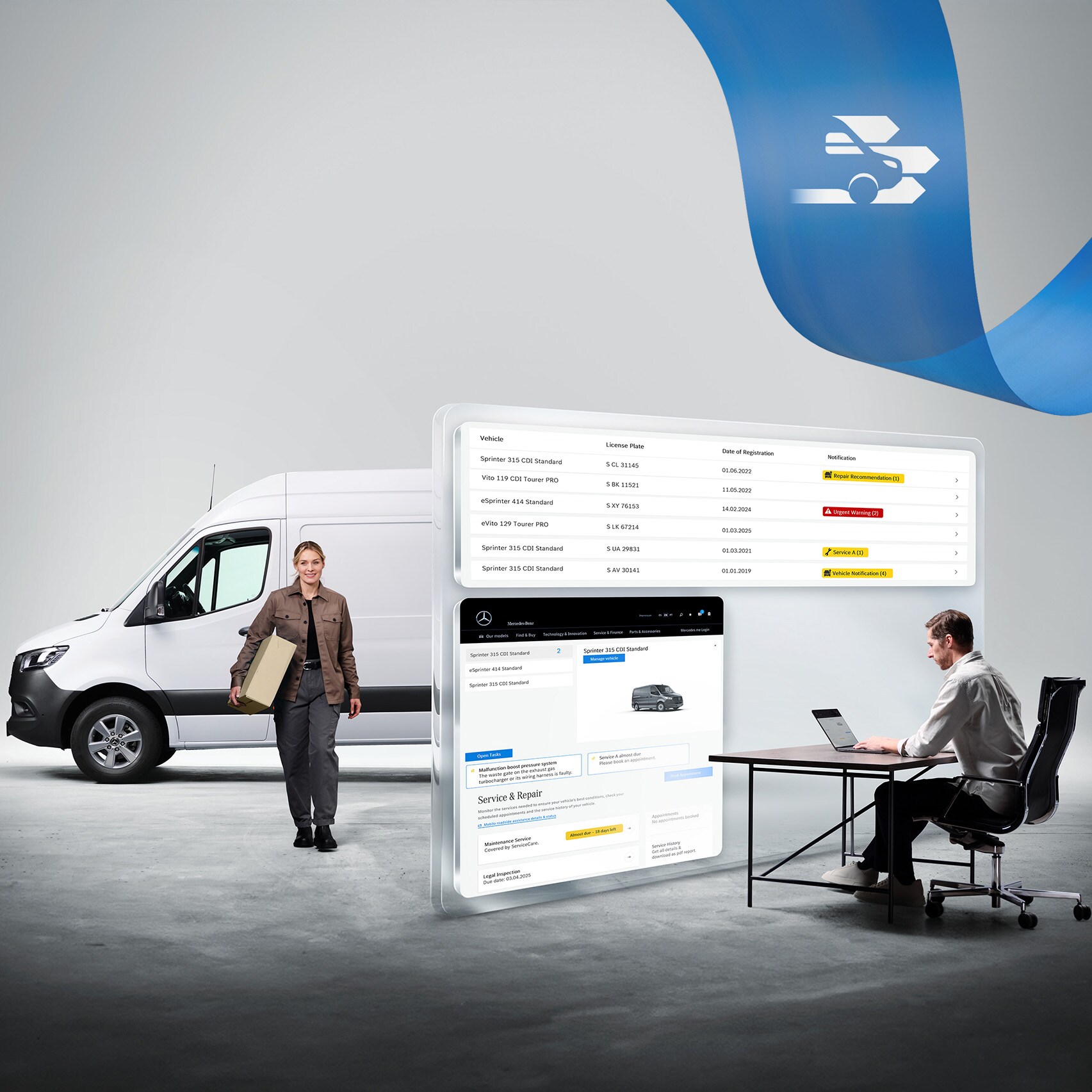 Ein Mann, der den Fahrzeugfuhrpark mit einem Laptop überwacht, und eine Auslieferin, die aus ihrem weißen Sprinter-Transporter im Hintergrund kommt.